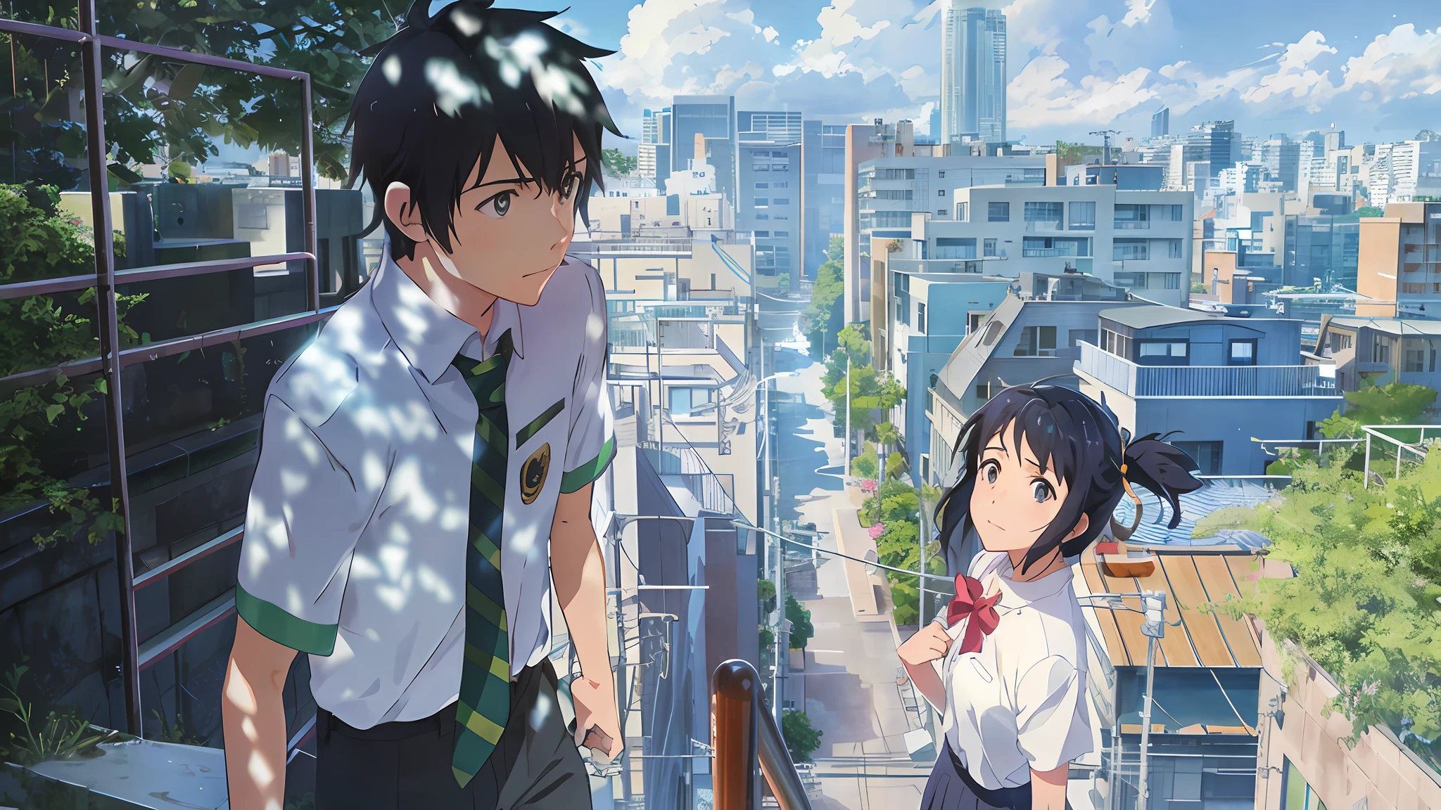 anime characters standing on a balcony overlooking a city, your name, kimi no na wa, your name movie style, ross tran and makoto shinkai, makoto shinkai movie, sakimichan and makoto shinkai, makoto shinkai and bioware, makoto shinkai. —h 2160, fiona staples and makoto shinkai