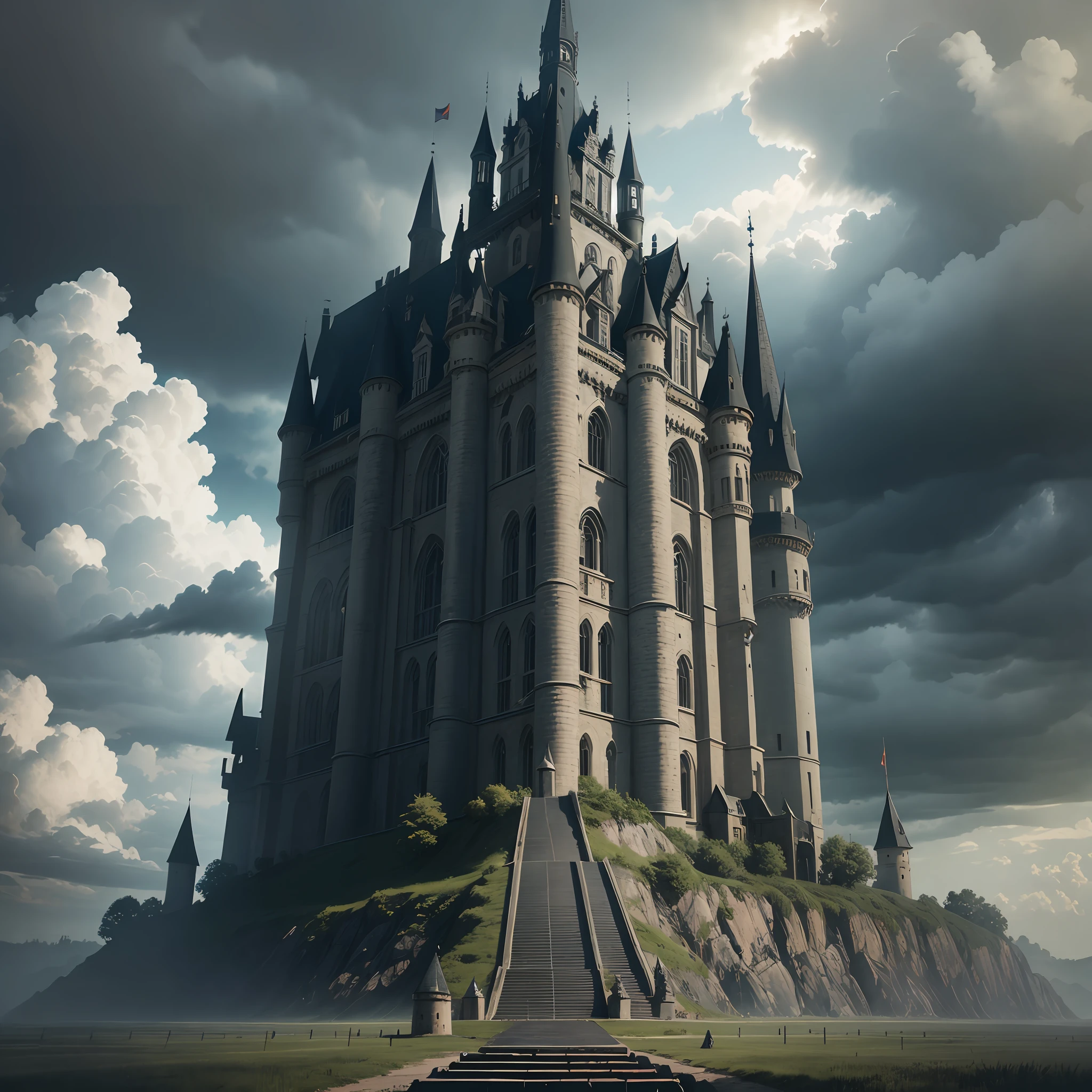 Shadowy castle with the full sky of dark clouds with a dark storm with soldiers of war with swords in their hands --auto --s2