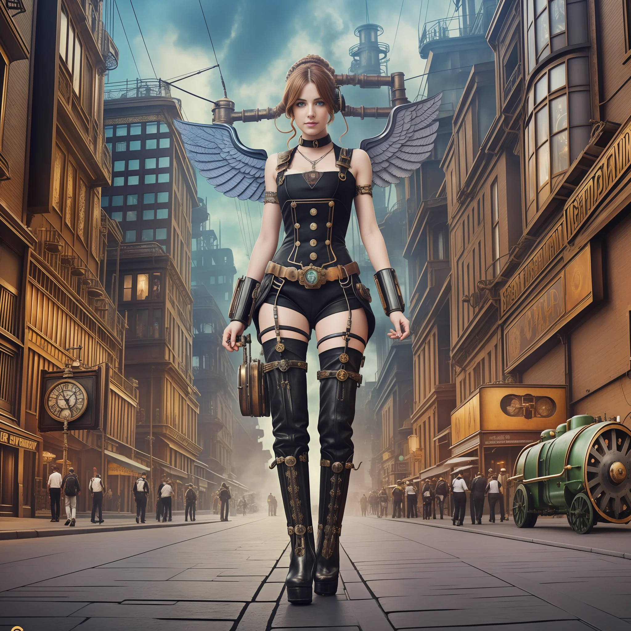 Street photography style image. A snapshot of a steampunk cityscape. Epic automobiles with steam engines on the street. Steam engine powered flying vehicles in the sky. A smiley beautiful 19-years-old caucasian steampunk angel girl in light gray steampunk jumpsuit walking down the street. Red long boots, intercom headset. steampunk choker, perfect detailed face, detailed symmetric green eyes with circular iris, wavy ginger hair, wearing enormous mechanical wings in her back, overall theme is street photography in Industrial Steampunk City, cogs and gears, steamy background with lots of steam pipes and steam valves and pressure gauges and gears, realistic, stunning realistic photograph, 3d render, octane render, Isometric, Centered, hyperealistic cover photo, awesome full color, 12k, high definition, cinematic, portrait featured on unsplash, smooth, ultra high definition, 8k, ultra sharp focus, intricate artwork, masterpiece, epic, highly detailed, warm cinematic
