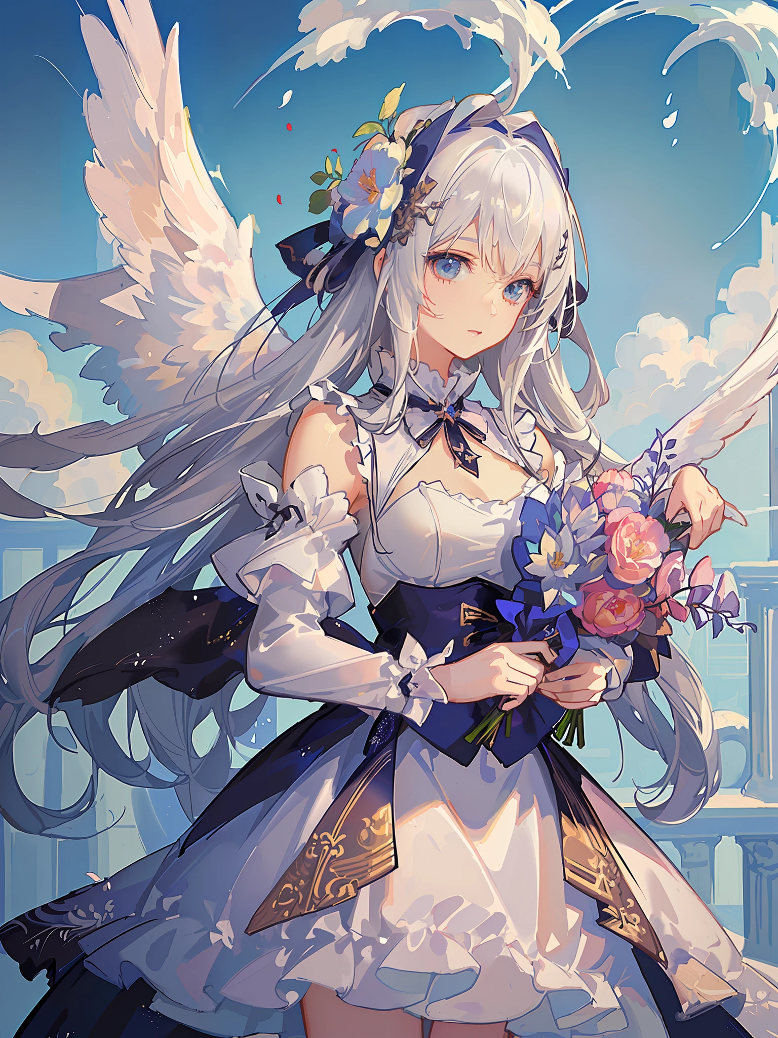 anime angel girl with flowers and wings, white haired deity, of an beautiful angel girl, official anime artwork, beautiful maiden, official art, full - body majestic angel, beautiful angel, angel knight girl, anime goddess, high detailed official artwork, angelical, of beautiful angel, angel girl, official artwork, cute anime waifu in a nice dress, angelic purity