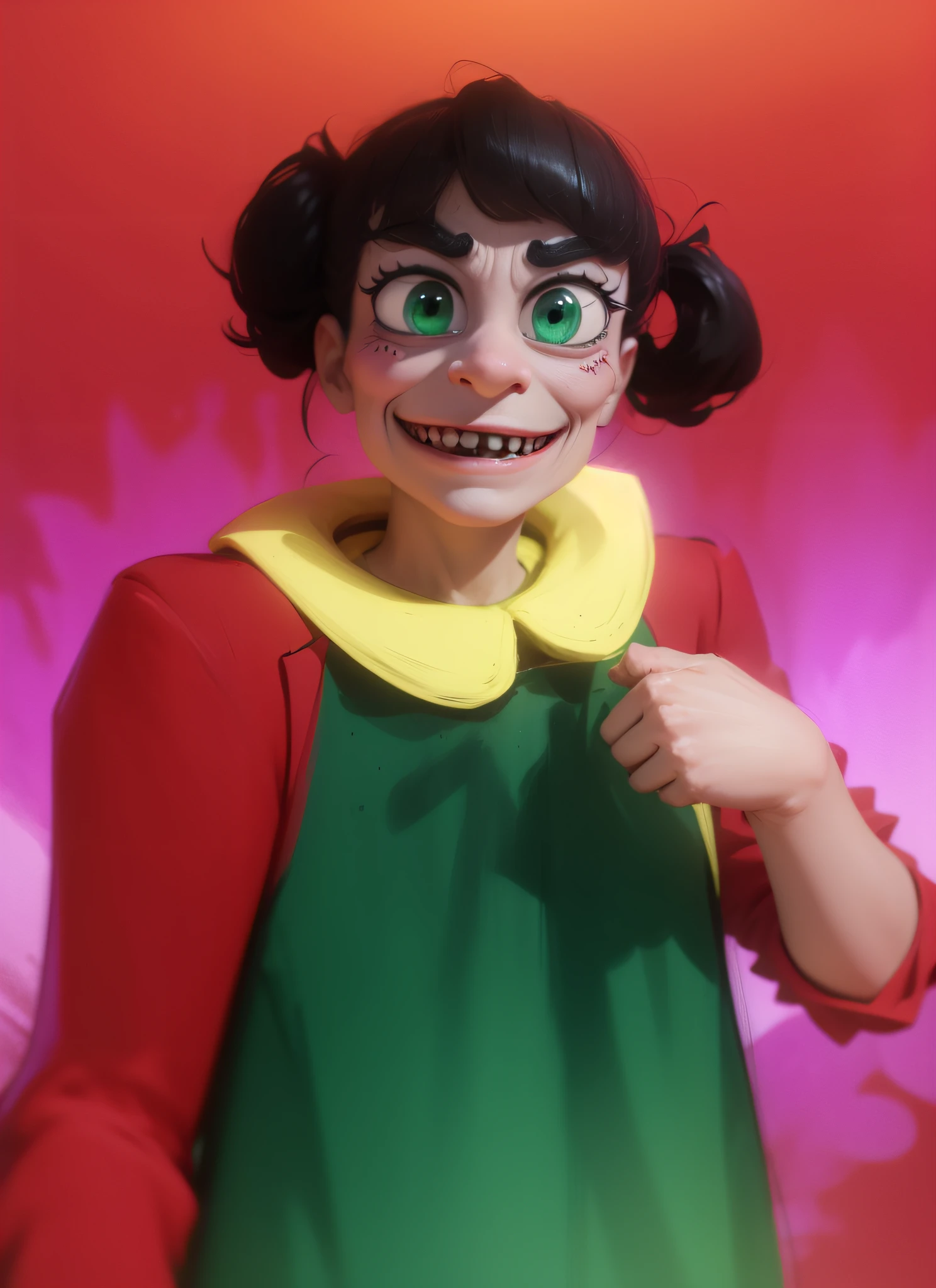 Sinister smile, big eyes, looking forward, in suit, toxic smile, scared face, cartoon claymation style. --auto --s2