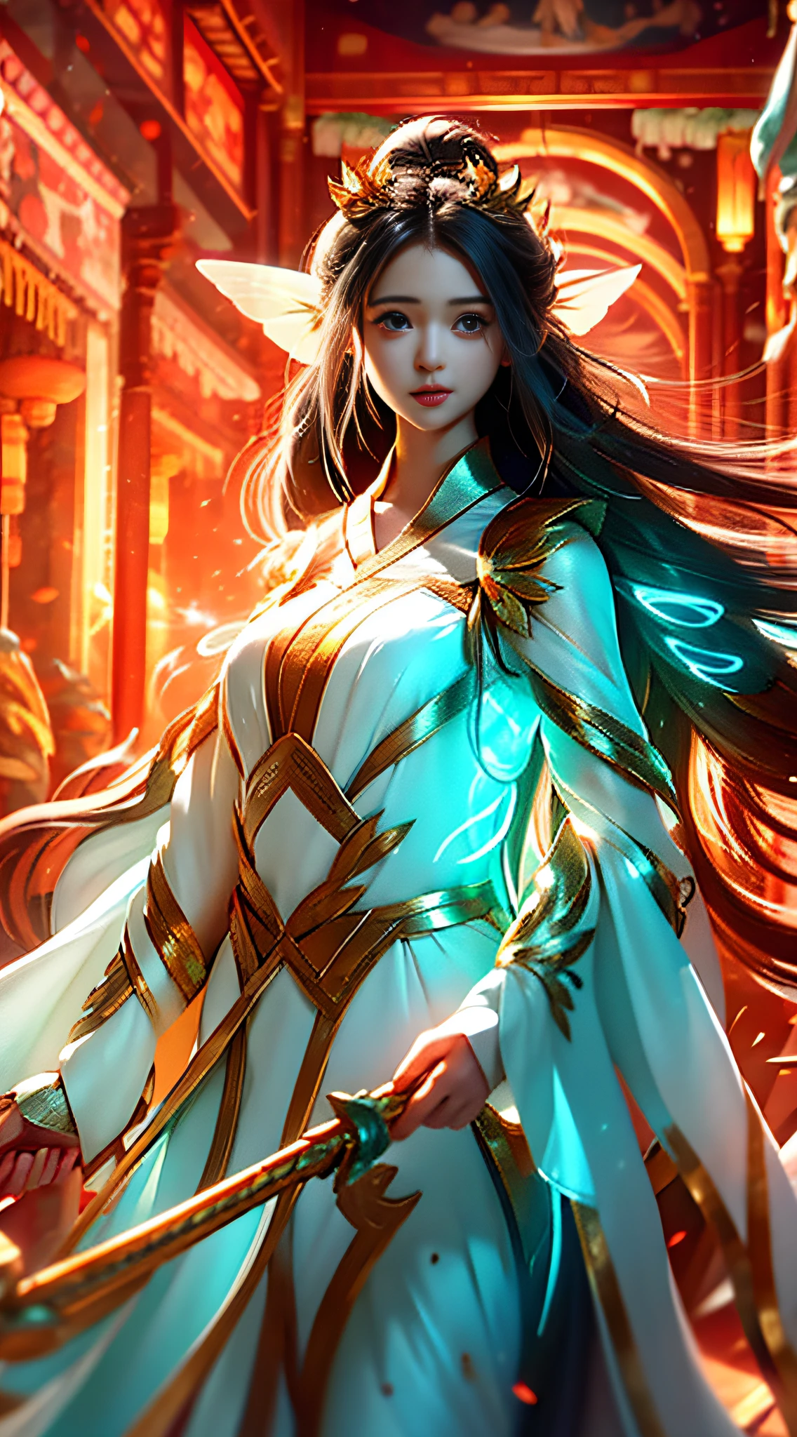 An ethereal and moving fairy beauty, her long hair flutters in the wind, and her eyes are deep, as if she can see through people's hearts. Prompt words: flowing, moving, long hair, wind, eyes.
