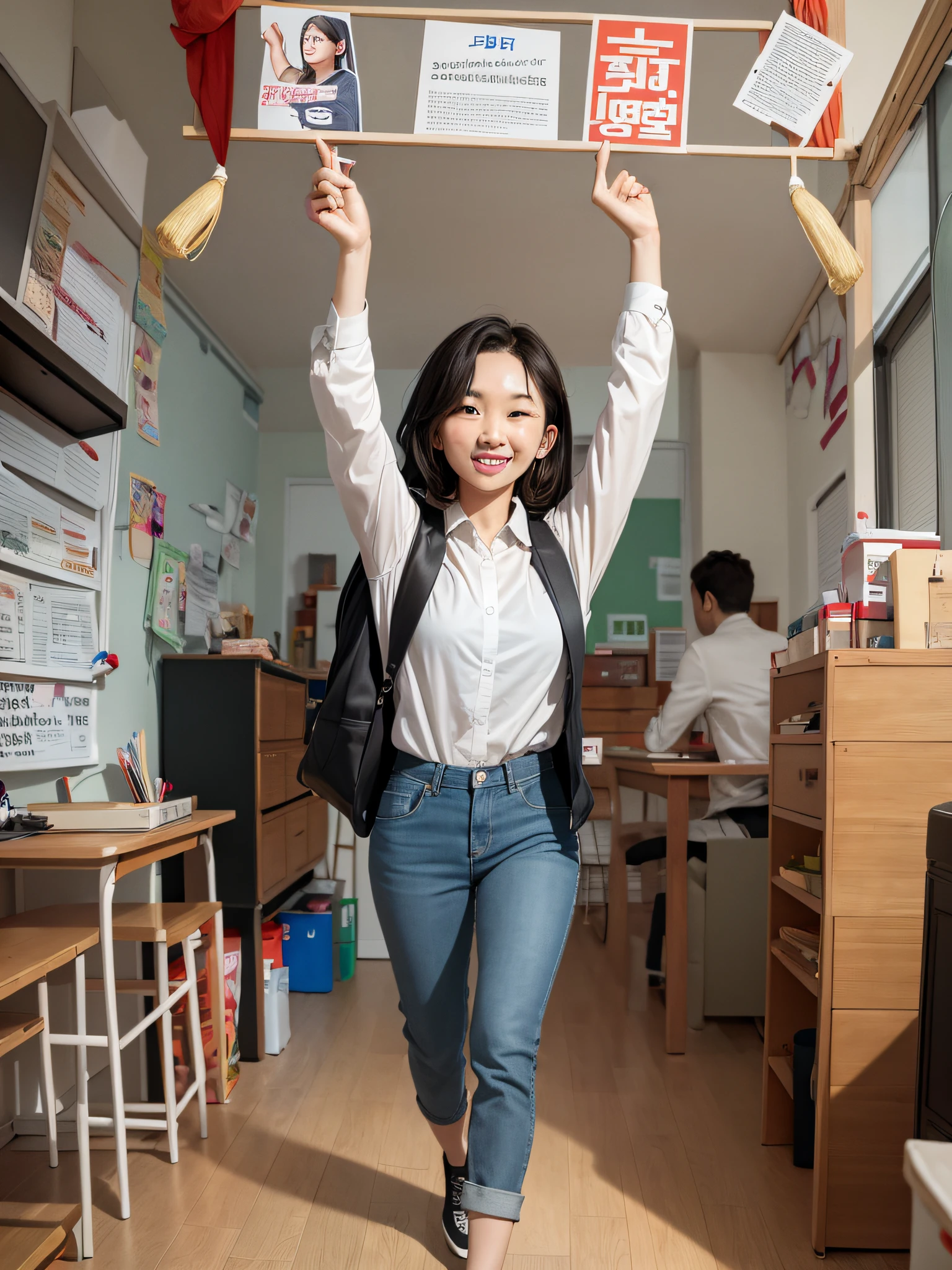 arafed woman holding up a sign in a classroom with posters, pose(arms up + happy), inspired by Kim Jeong-hui, with arms up, by Jang Seung-eop, a young asian woman, she is smiling and excited, standing in class, captured on canon eos r 6, jaeyeon nam, taken with canon eos 5 d mark iv, excited