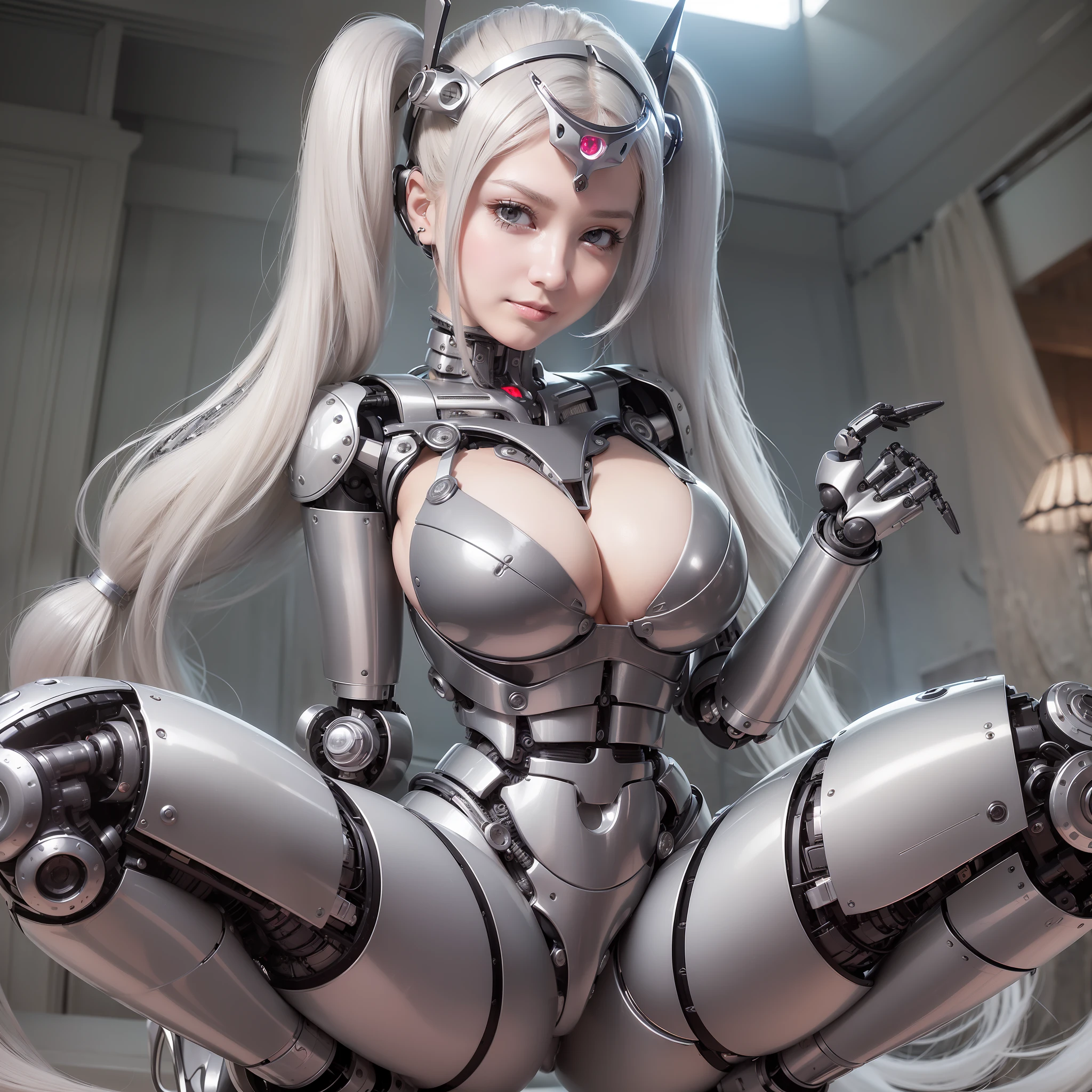 Beautiful Face,1 Woman, Curvaceous, Top Quality, Masterpiece, Ultra Detailed, ((((Bikini Cyborg Robot Parts)))), (Light Grey Hair), Long Hair, Wavy Hair, Twin Tails, Medium Shot, (((Seductive Smile)), (Black Eyes), Princess Cut, (Cowboy Shot),Squatting,Spread Your Legs,HR Giger,