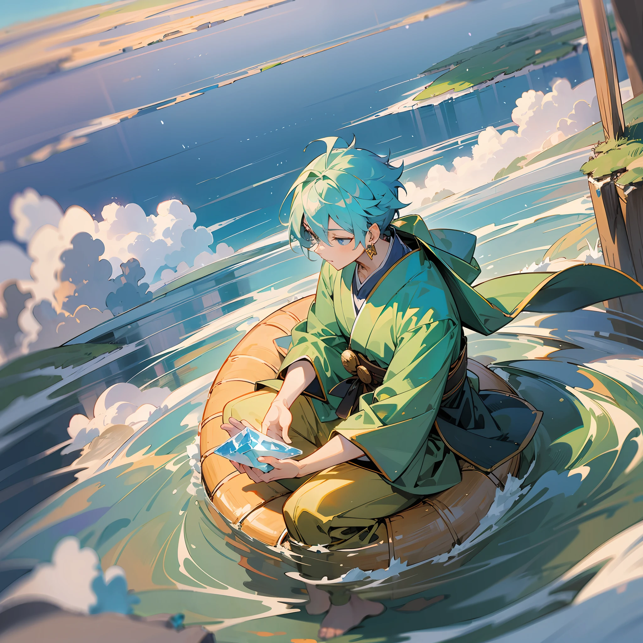 I wish for a panoramic image taken slightly from above a green valley with a magnificent waterfall in height pouring over a plain filled with water, with crystallized water with clouds covering the sky but leaving a hole in the clouds so that the valley is touched by the sun's rays and a Sangoku sitting from behind in the middle of the lake sitting cross-legged in meditation and the energy of his ki that creates waves on the surface of the water --auto --s2