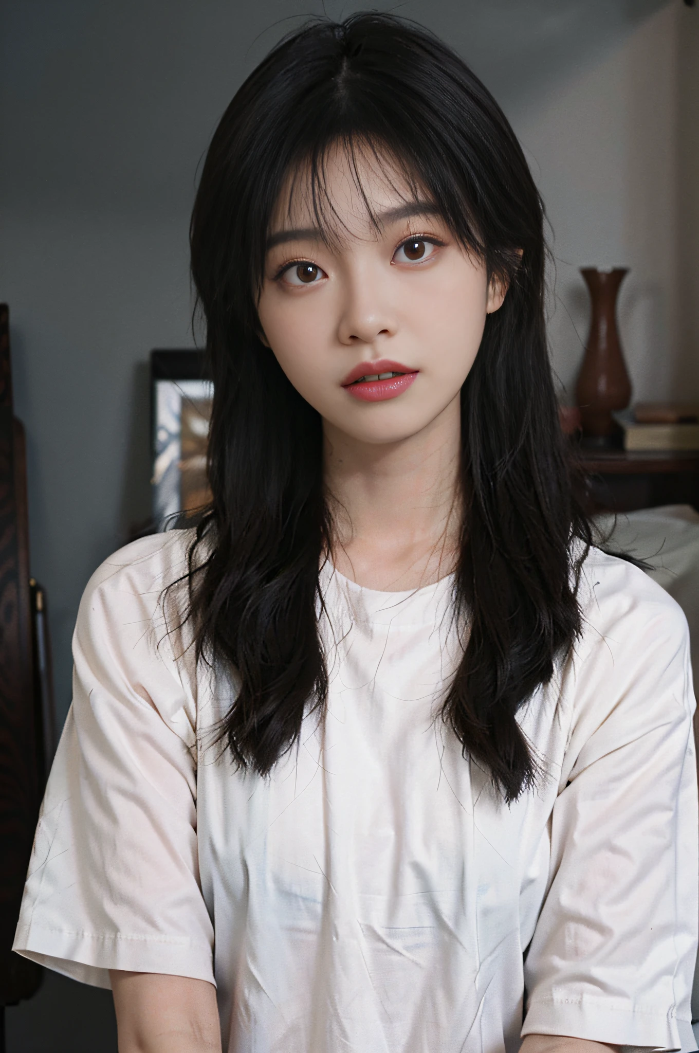 Temperament girl, delicate facial features, bangs, brown ponytail, messy hair, hair is very realistic, wearing a white shirt with short sleeves, the background is the sky, sea view, Du Qiong, exquisite makeup, light red lips, big eyes, double eyelids, black holes, bright eyes, symmetrical face, face is very real, meticulously portrayed the girl's face, blush, super high appearance, looking at the audience, very realistic skin, skin oil reflection, artwork, clothes with real fabric texture, realistic painting, film style, Photography level, ray tracing, realistic light and shadow effects, realism, masterpiece, just like the top photography effect, 8K