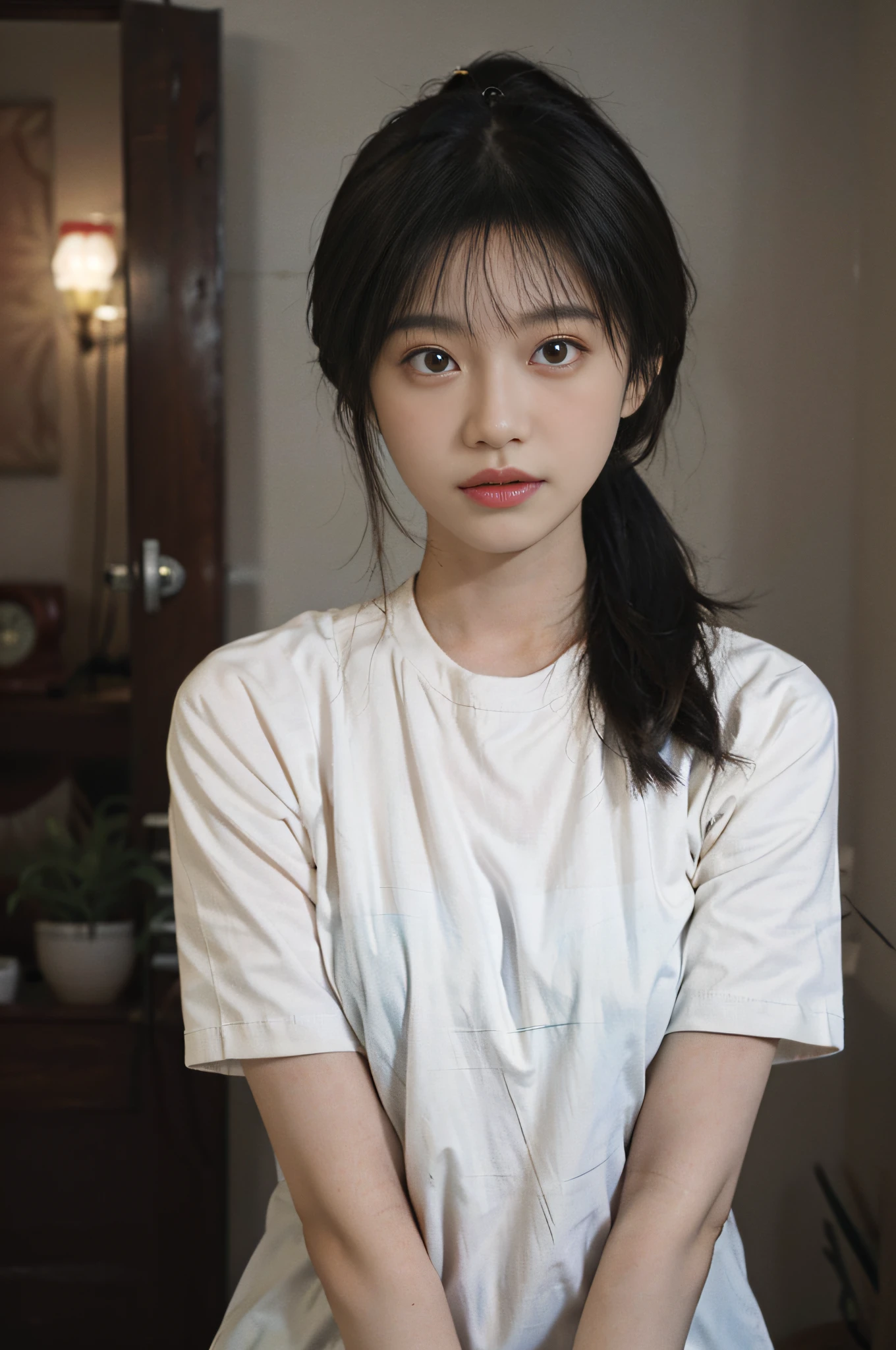 Temperament girl, delicate facial features, bangs, brown ponytail, messy hair, hair is very realistic, wearing a white shirt with short sleeves, the background is the sky, sea view, Du Qiong, exquisite makeup, light red lips, big eyes, double eyelids, black holes, bright eyes, symmetrical face, face is very real, meticulously portrayed the girl's face, blush, super high appearance, looking at the audience, very realistic skin, skin oil reflection, artwork, clothes with real fabric texture, realistic painting, film style, Photography level, ray tracing, realistic light and shadow effects, realism, masterpiece, just like the top photography effect, 8K