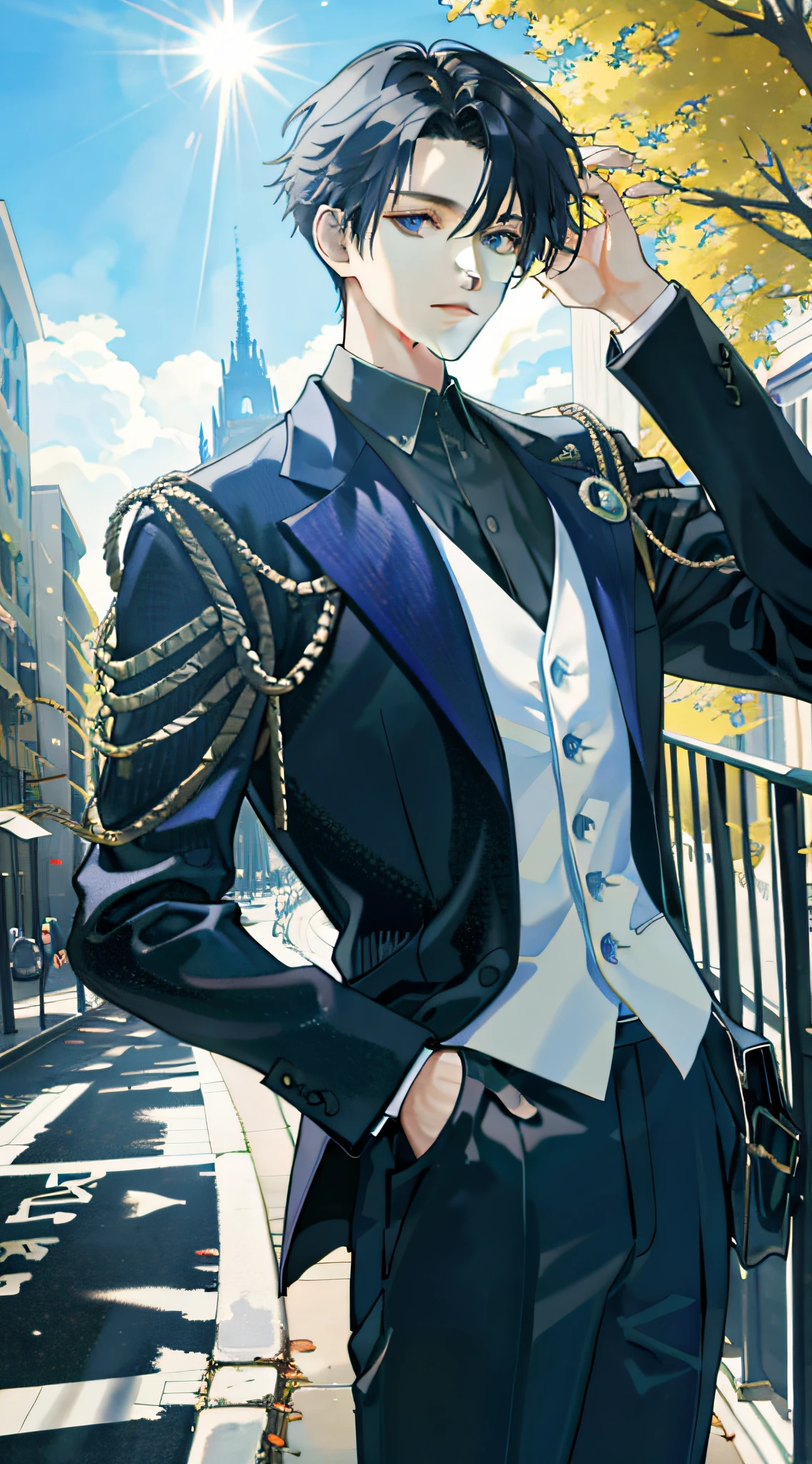 Masterpiece, Acura, 1boy, male focus, handsome, spindle tree, afternoon sun, street, (suit), front