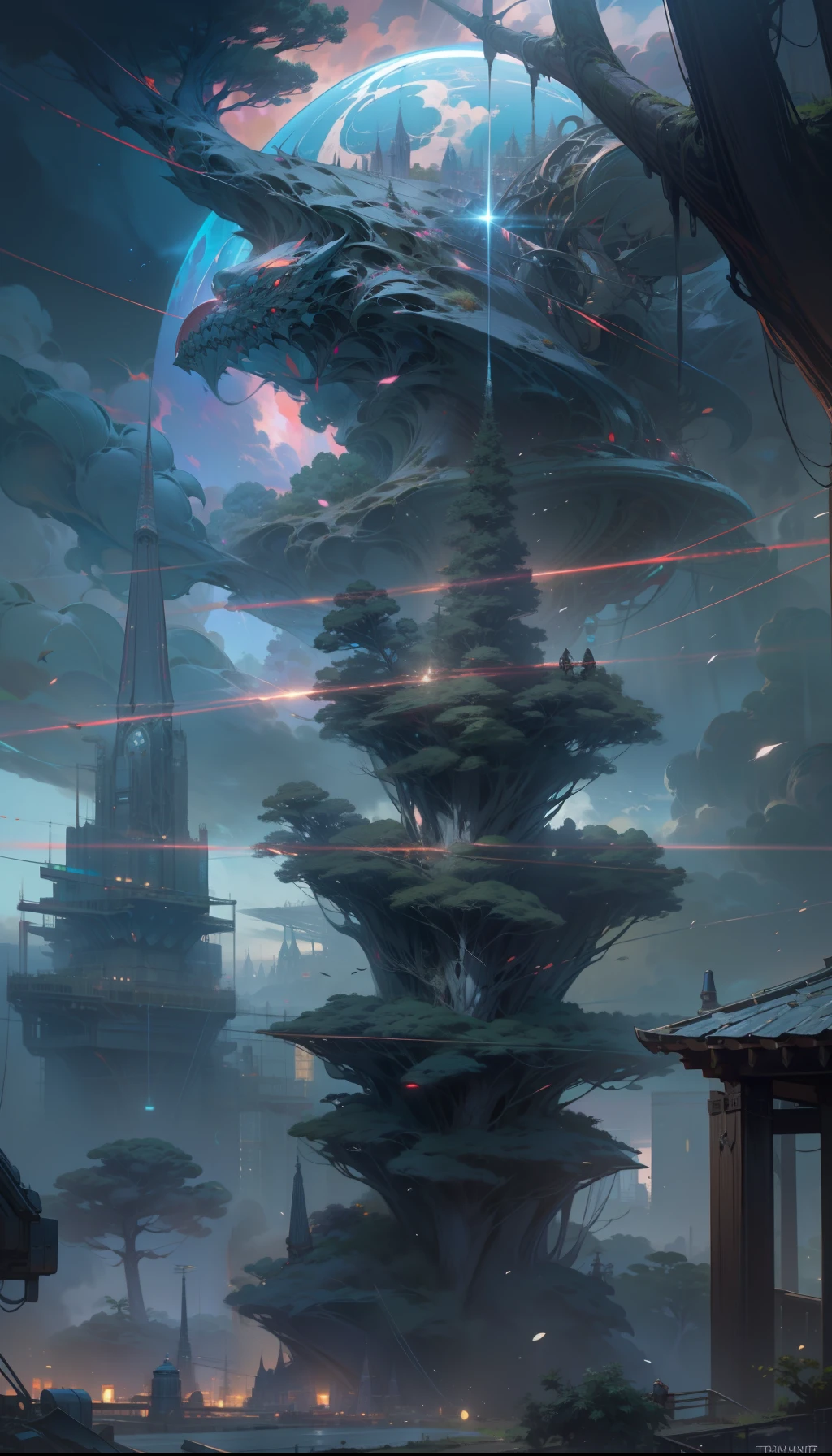 Sky, Clouds, holding_weapon, no_humans, Glow, giant_ trees , cyberpunk_Architecture, "sky, cloud, glowing, big trees , building, cybernetic _trees, tree_mech, sci-fi, cityscape, realistic, mechanical" Science Fiction, Cities, Rendered in Octane, hyper realistic, 8k, epic composition, cinematic, octane render, artstation landscape vista photography by Carr Clifton & Galen Rowell, 16K resolution, Landscape veduta photo by Dustin Lefevre & tdraw, 8k resolution, detailed landscape painting by Ivan Shishkin, DeviantArt, Flickr, rendered in Enscape, Miyazaki, Nausicaa Ghibli, Breath of The Wild,,trending in artstation, cgsociety, 8k post-processing highly detailed,Junji Murakami, Mucha Klimt, Sharandula, Hiroshi Yoshida, Tom Bagshaw, Ross Tran, Artgerm,Craig Mullins,dramatic,Junji Murakami, moody lighting rendered by octane engine,characters 8K symmetrical arstation, cape,cinematic lighting, intricate details, 8k detail post processing, hyperealistic, octane rend, Zdzisław Beksiński style, ar 2:3 Reality Reality --auto --s2