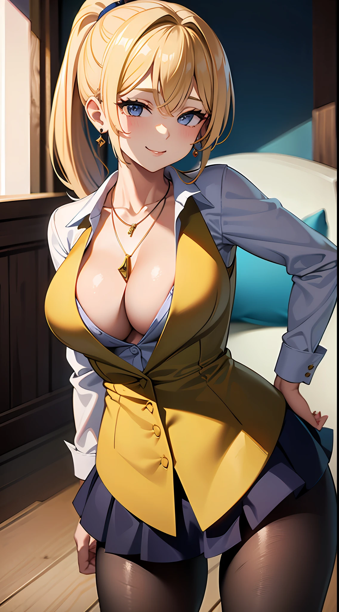 1girl, masterpiece, best quality, medium full shot, blonde ponytail, ((unbuttoned shirt, cleavage, necklace, earrings, sexy body, breasts, thighs)), smiling, busty, pantyhose, tight miniskirt