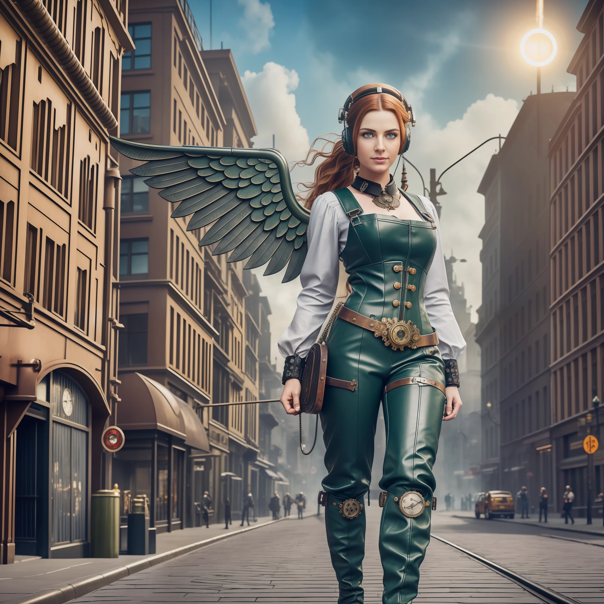 Street photography style image. A snapshot of a steampunk cityscape. Epic automobiles with steam engines on the street. Steam engine powered flying vehicles in the sky. A smiley beautiful 19-years-old Norse Goddess steampunk angel girl in light gray steampunk jumpsuit walking down the street. Red long boots, intercom headset. steampunk choker, perfect detailed face, detailed symmetric green eyes with circular iris, wavy ginger hair, wearing enormous mechanical wings in her back, overall theme is street photography in Industrial Steampunk City, cogs and gears, steamy background with lots of steam pipes and steam valves and pressure gauges and gears, realistic, stunning realistic photograph, 3d render, octane render, cinematic, Isometric, Centered, hyperealistic cover photo, awesome full color, 12k, high definition, portrait featured on unsplash, smooth, ultra high definition, 8k, ultra sharp focus, intricate artwork, masterpiece, ominous, epic, highly detailed, warm cinematic