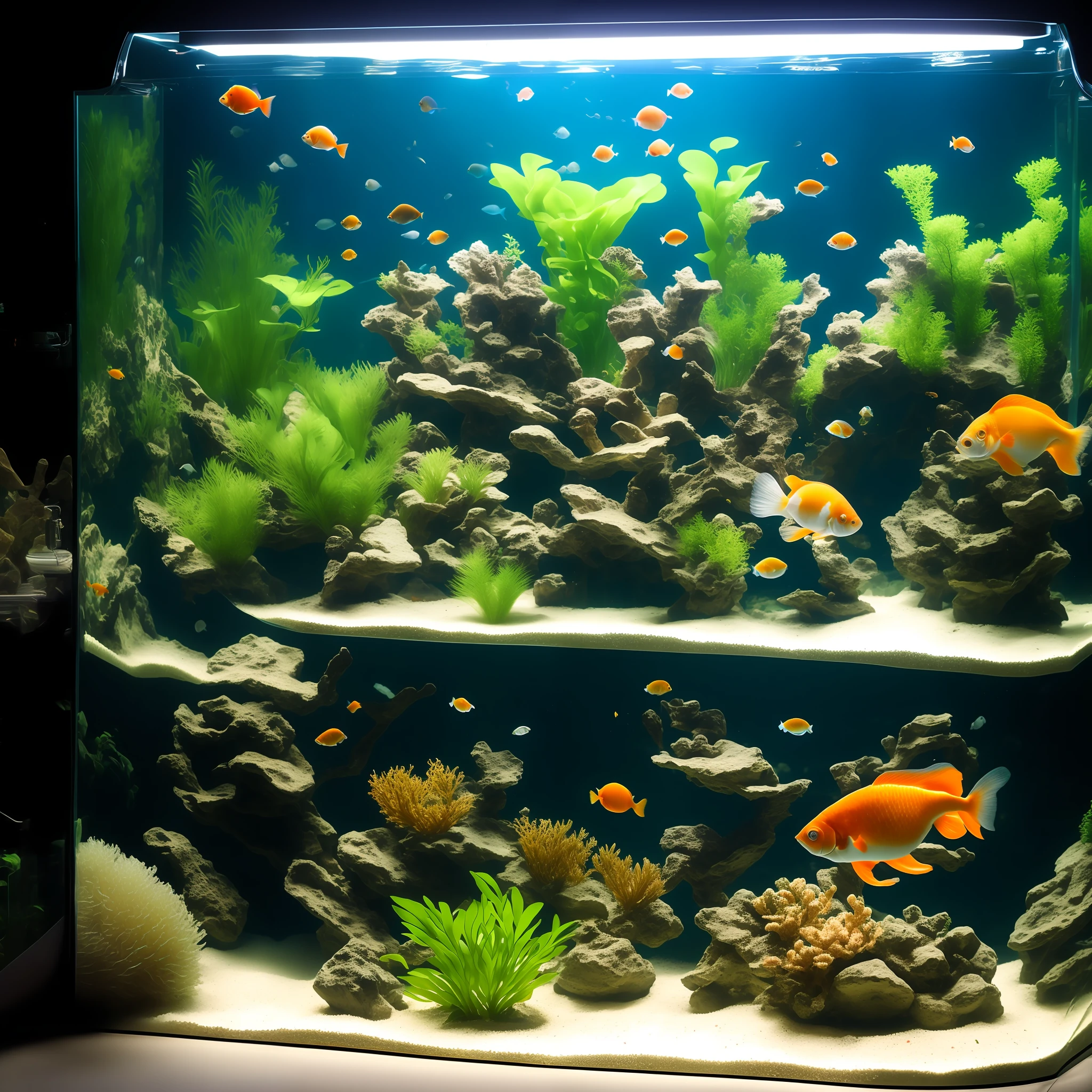 There is a large fish tank with a plant and a school of small goldfish, late night scene, only the fish tank is the main light source, realistic shooting, low-key photo: 1.2), detail, 8k, Sony a6600 Mirrorless Camera, embellish2, perspective correct