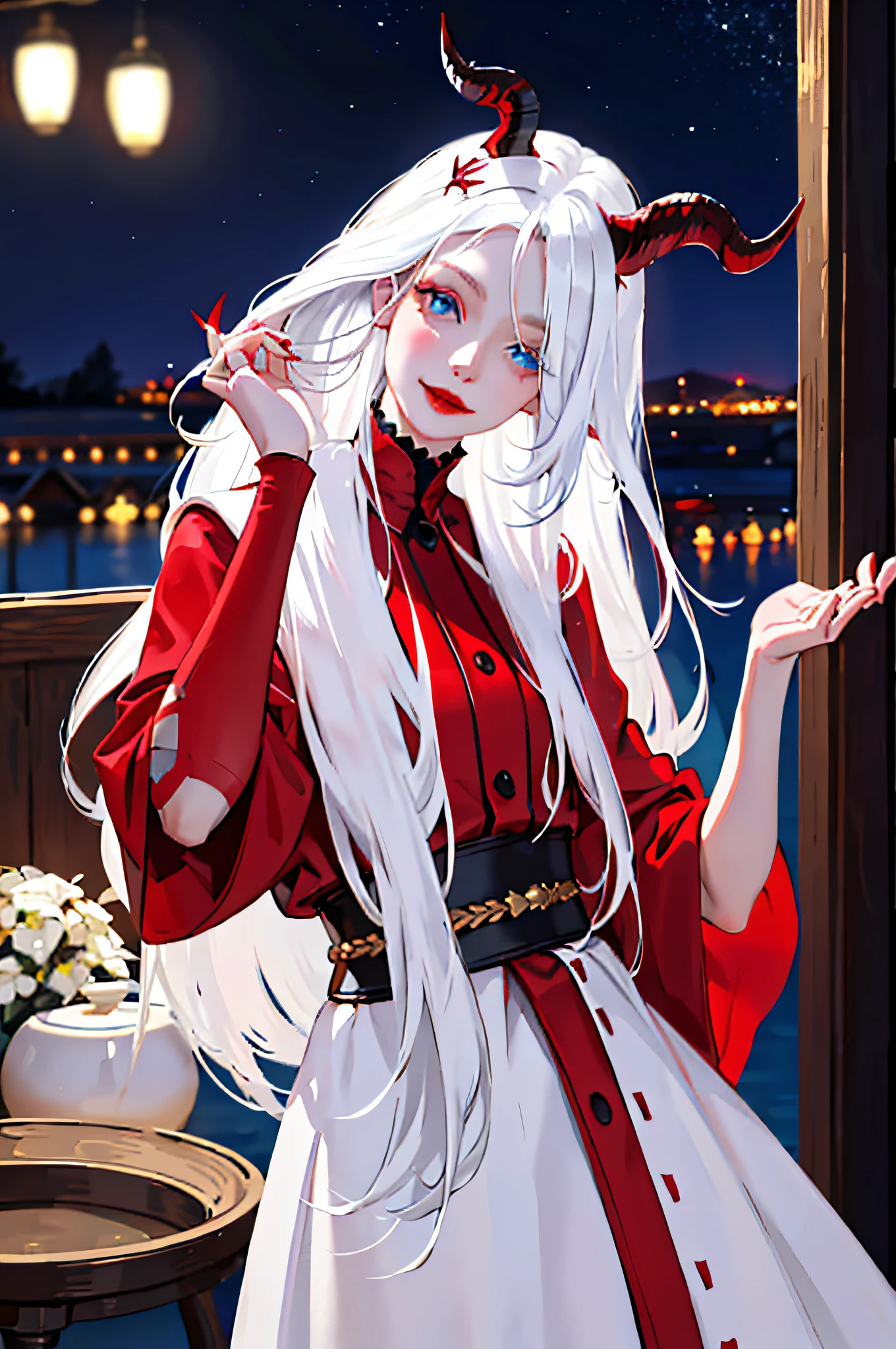The eyes are full of warmth, full of seduction, red lips slightly raised, (long white hair, a small devil horn on the head, light blue eyes), night view at night, indoor cabin, ((woman slightly tilts her head, combing her hair hanging down with her hands)), smile, camera in front of people, beautiful face, excellent quality, blurred background