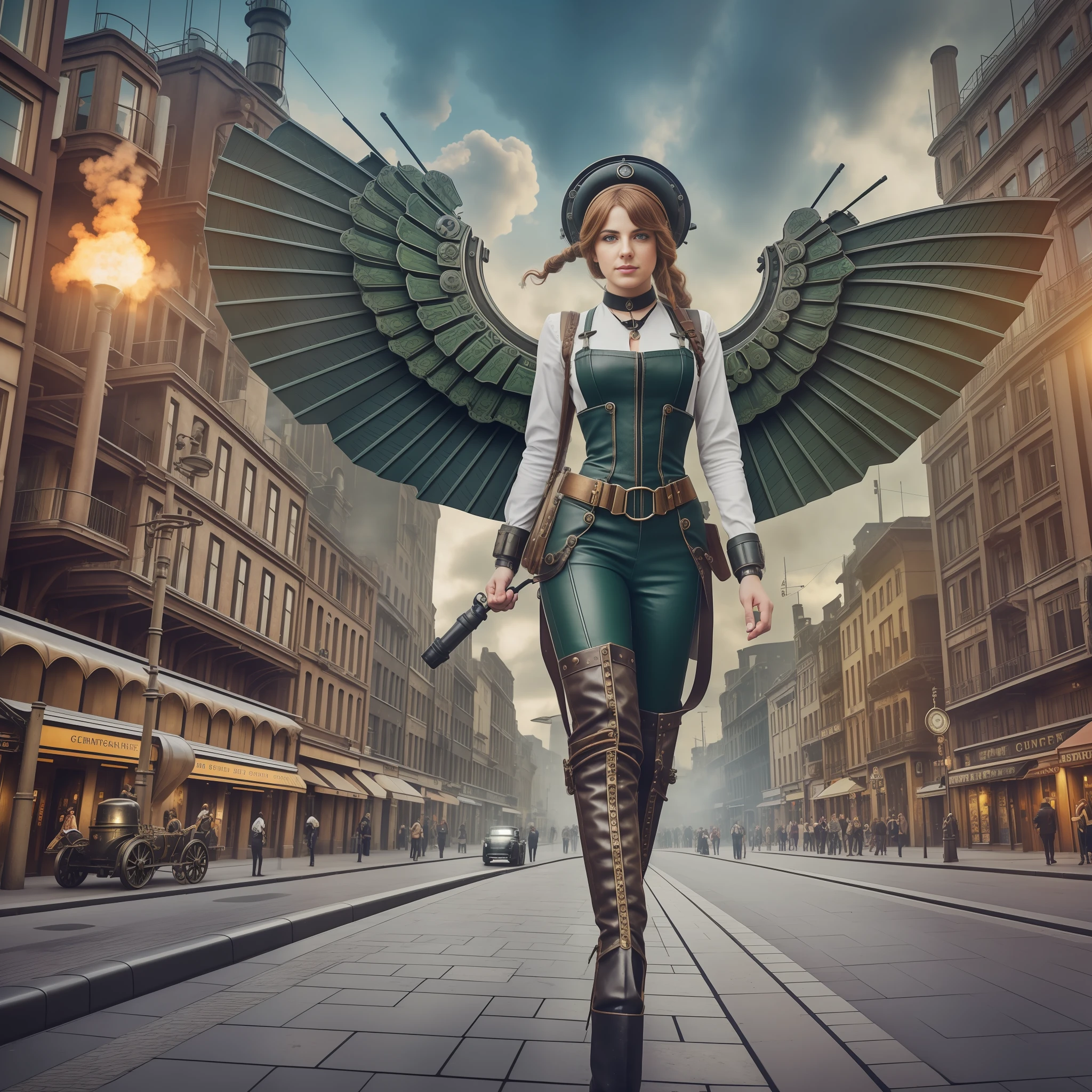 Street photography style image. A snapshot of a steampunk cityscape. Epic automobiles with steam engines on the street. Steam engine powered flying vehicles in the sky. A smiley beautiful 19-years-old Norse Goddess steampunk angel girl in light gray steampunk jumpsuit walking down the street. Red long boots, intercom headset. steampunk choker, perfect detailed face, detailed symmetric green eyes with circular iris, wavy ginger hair, wearing enormous mechanical wings in her back, overall theme is street photography in Industrial Steampunk City, cogs and gears, steamy background with lots of steam pipes and steam valves and pressure gauges and gears, realistic, stunning realistic photograph, 3d render, octane render, cinematic, Isometric, Centered, hyperealistic cover photo, awesome full color, 12k, high definition, portrait featured on unsplash, smooth, ultra high definition, 8k, ultra sharp focus, intricate artwork, masterpiece, ominous, epic, highly detailed, warm cinematic