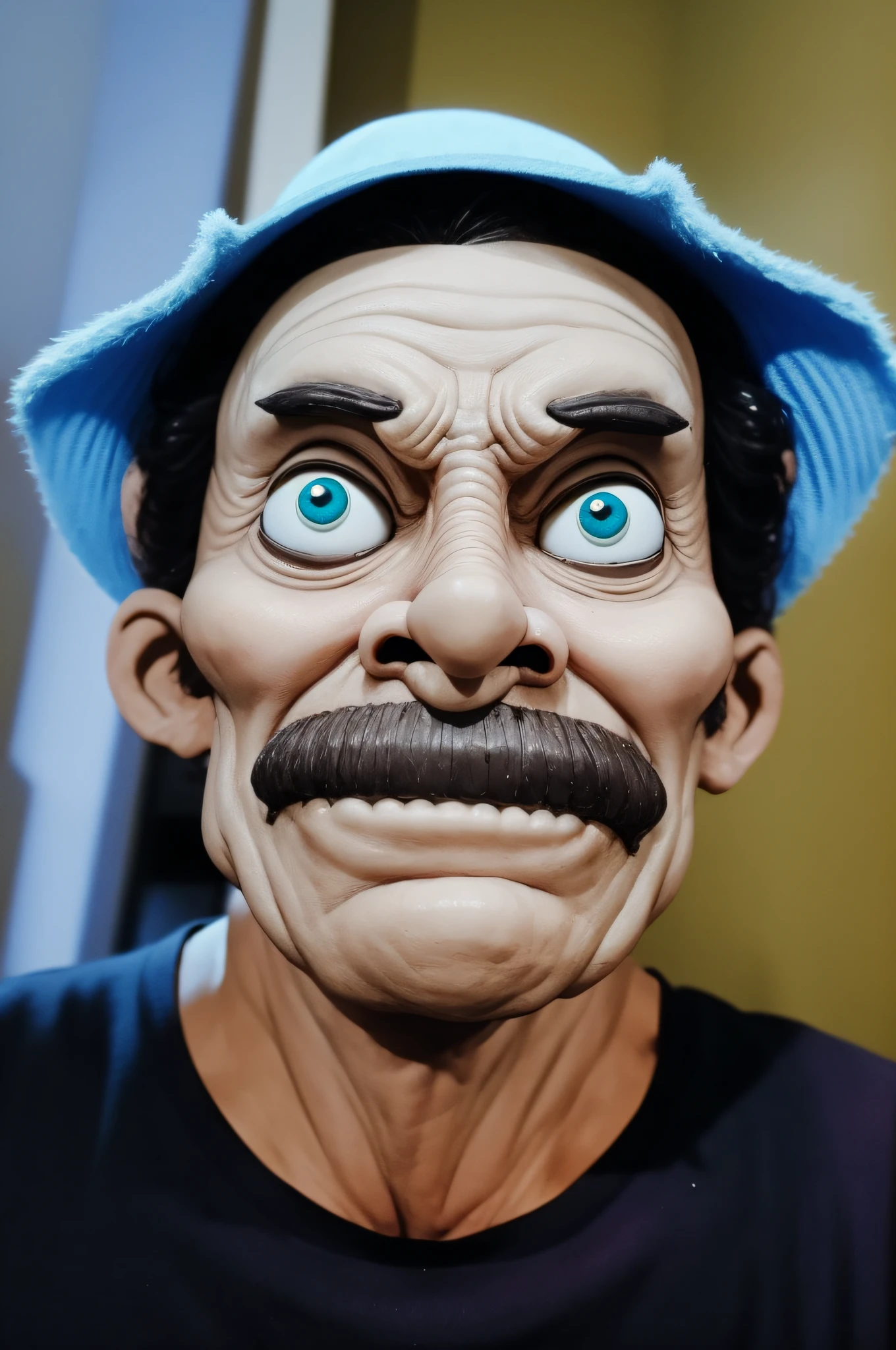 Old man, evil smile, sinister smile, big eyes, toxic smile, scared face, grimacing, cartoon claymation style.