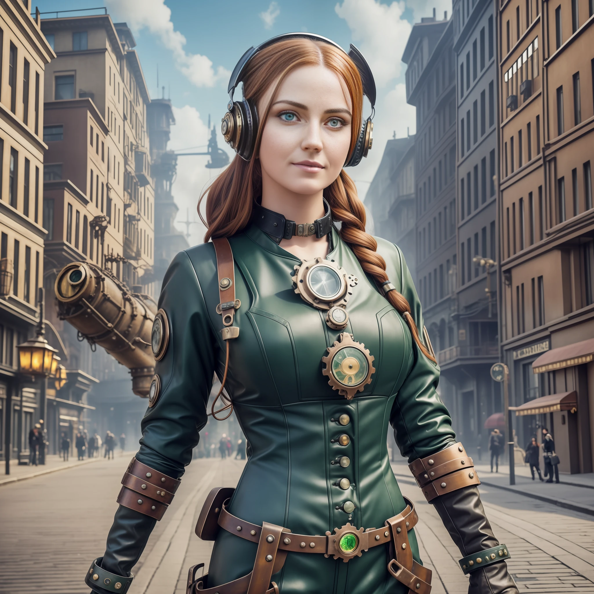 Street photography style image. A snapshot of a steampunk cityscape. Epic automobiles with steam engines on the street. Steam engine powered flying vehicles in the sky. A smiley beautiful 19-years-old Norse Goddess steampunk angel girl in light gray steampunk jumpsuit walking down the street. Red long boots, intercom headset. steampunk choker, perfect detailed face, detailed symmetric green eyes with circular iris, wavy ginger hair, wearing enormous mechanical wings in her back, overall theme is street photography in Industrial Steampunk City, cogs and gears, steamy background with lots of steam pipes and steam valves and pressure gauges and gears, realistic, stunning realistic photograph, 3d render, octane render, cinematic, Isometric, Centered, hyperealistic cover photo, awesome full color, 12k, high definition, portrait featured on unsplash, smooth, ultra high definition, 8k, ultra sharp focus, intricate artwork, masterpiece, ominous, epic, highly detailed, warm cinematic