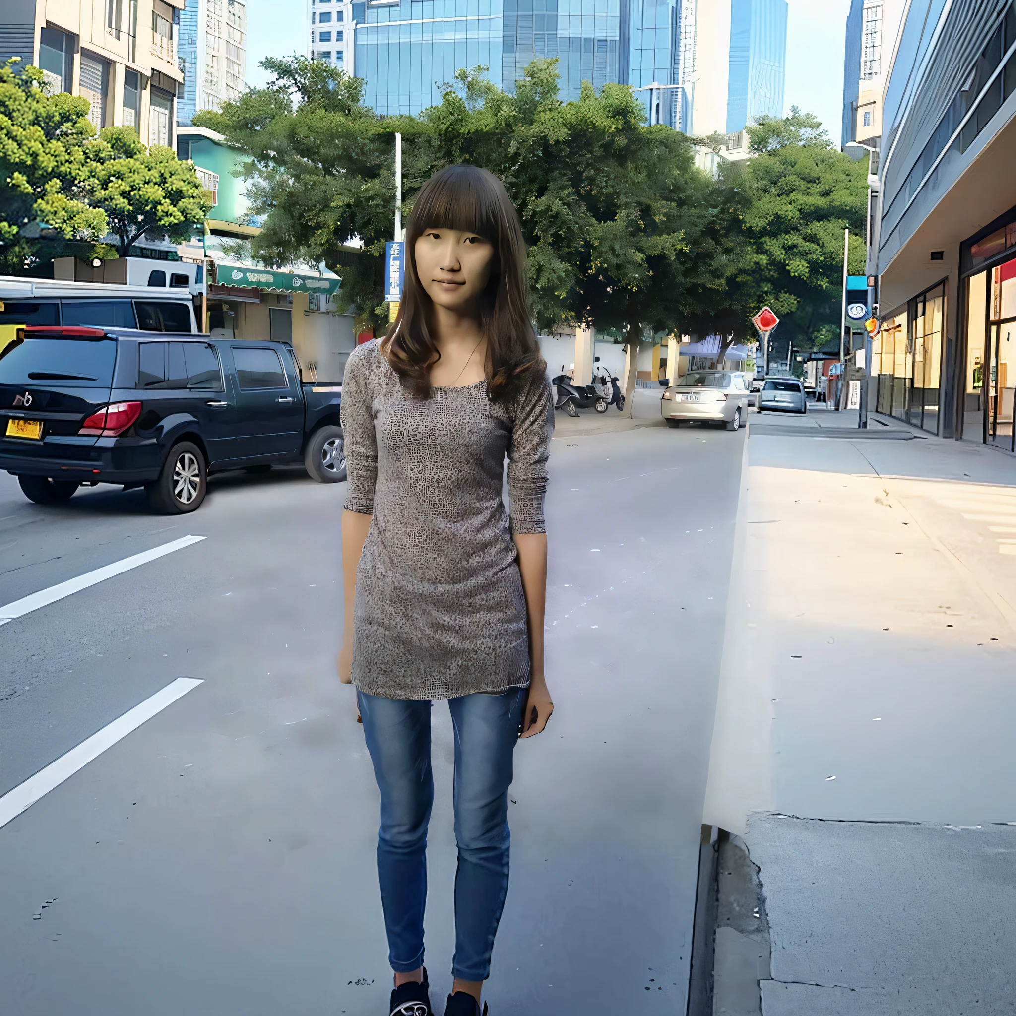 araffe woman standing on the side of the road in a city, photo of slim girl, photo of slim girl model, chinese girl, wenfei ye, 19-year-old girl, zhuoxin ye, pengzhen zhang, xintong chen, jinyiwei, handsome girl, qiu fang, slender girl, li zixin, chinese woman