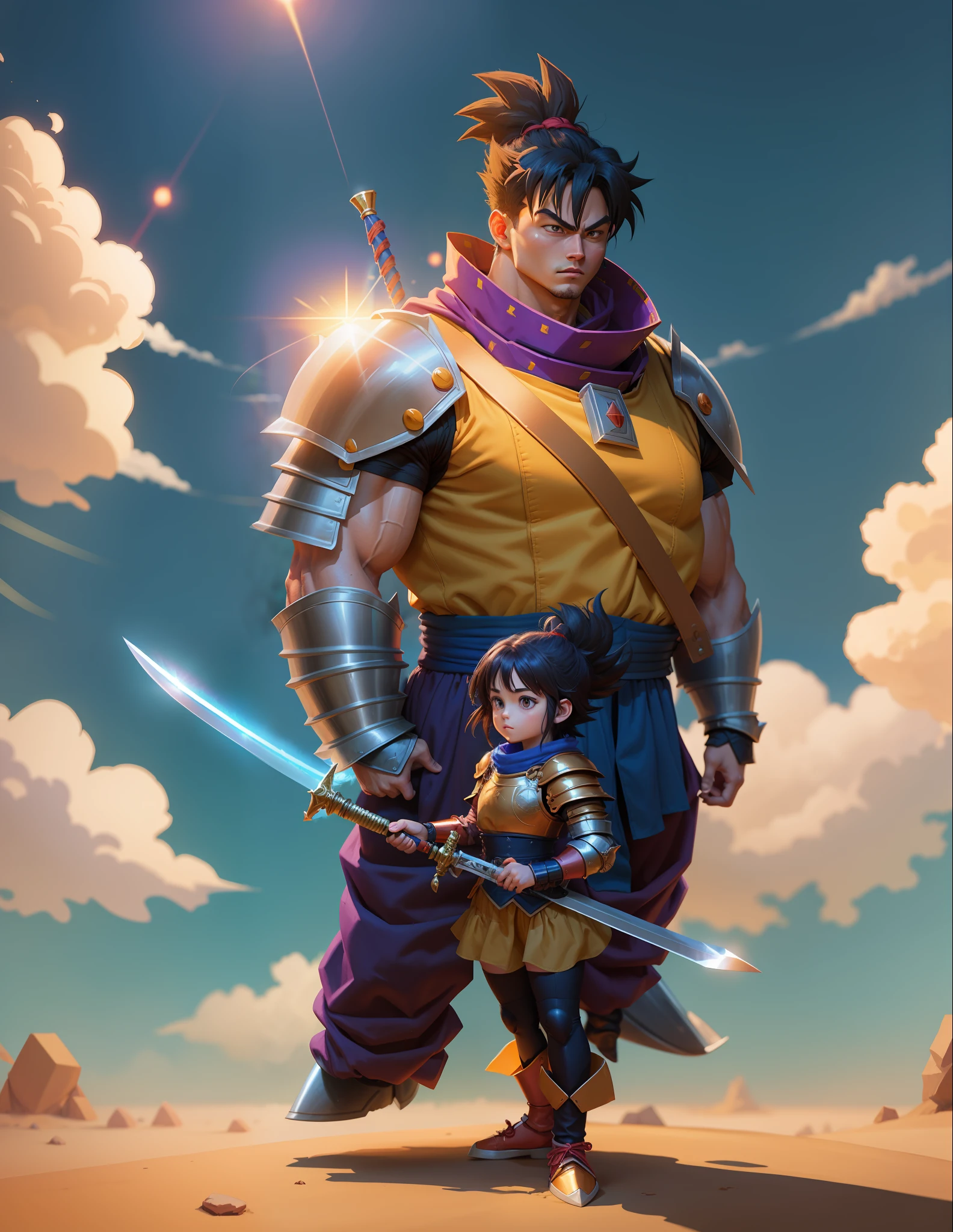 Goku - Western magic style Oka girl and bulky big armor man wearing armor and holding a sword Capable short hair