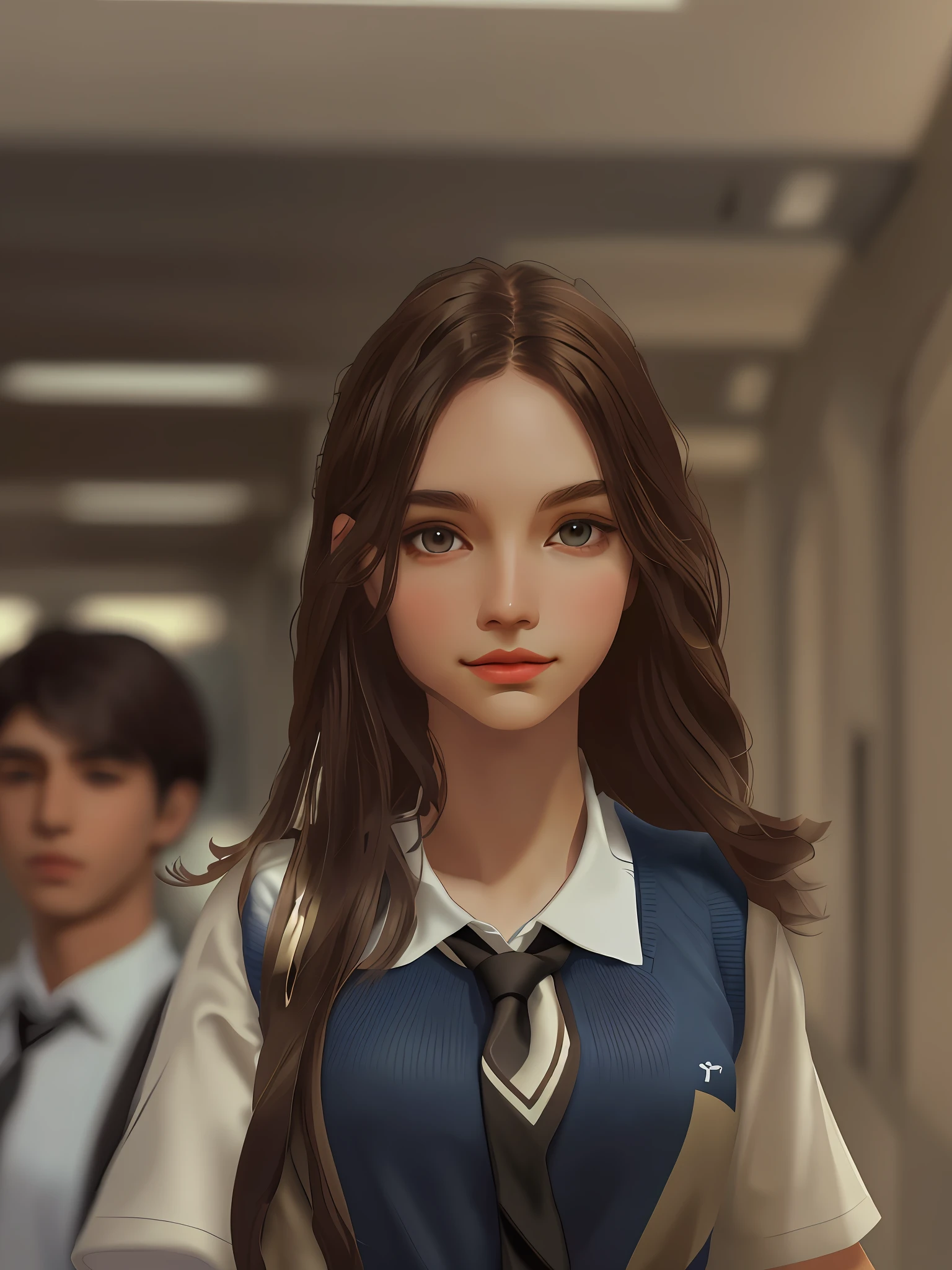 Dark brown hair, brown eyes, white shirt, blue tie, beige skirt, school hallway, full body, black loafers, black socks 3/4, 8k, photorealistic, masterpiece, ďetalhes,