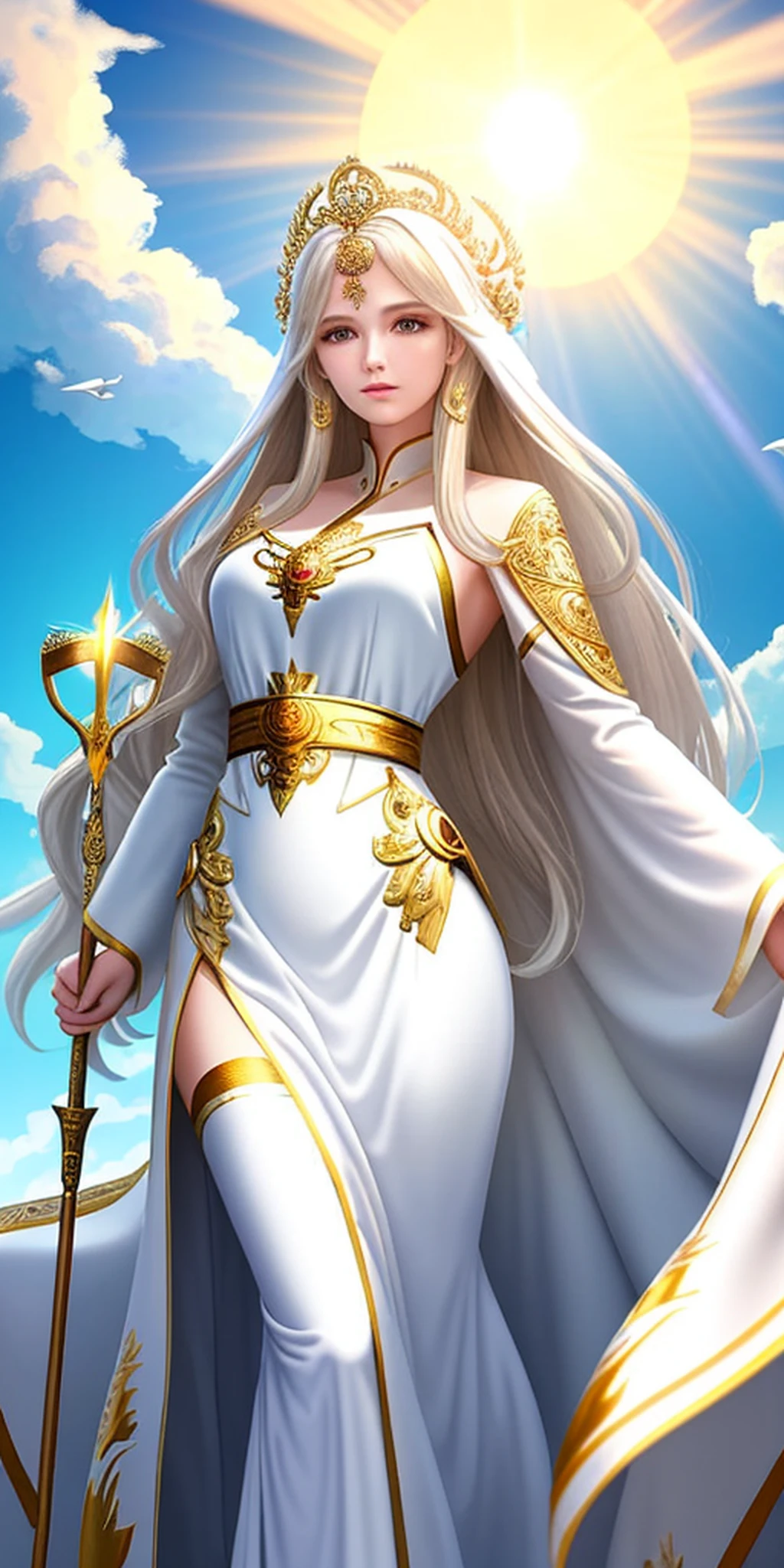 masterpiece, best quality, ultra-detailed, goddess, white robe, long hair, gold hair, staff, sun shine, blue sky