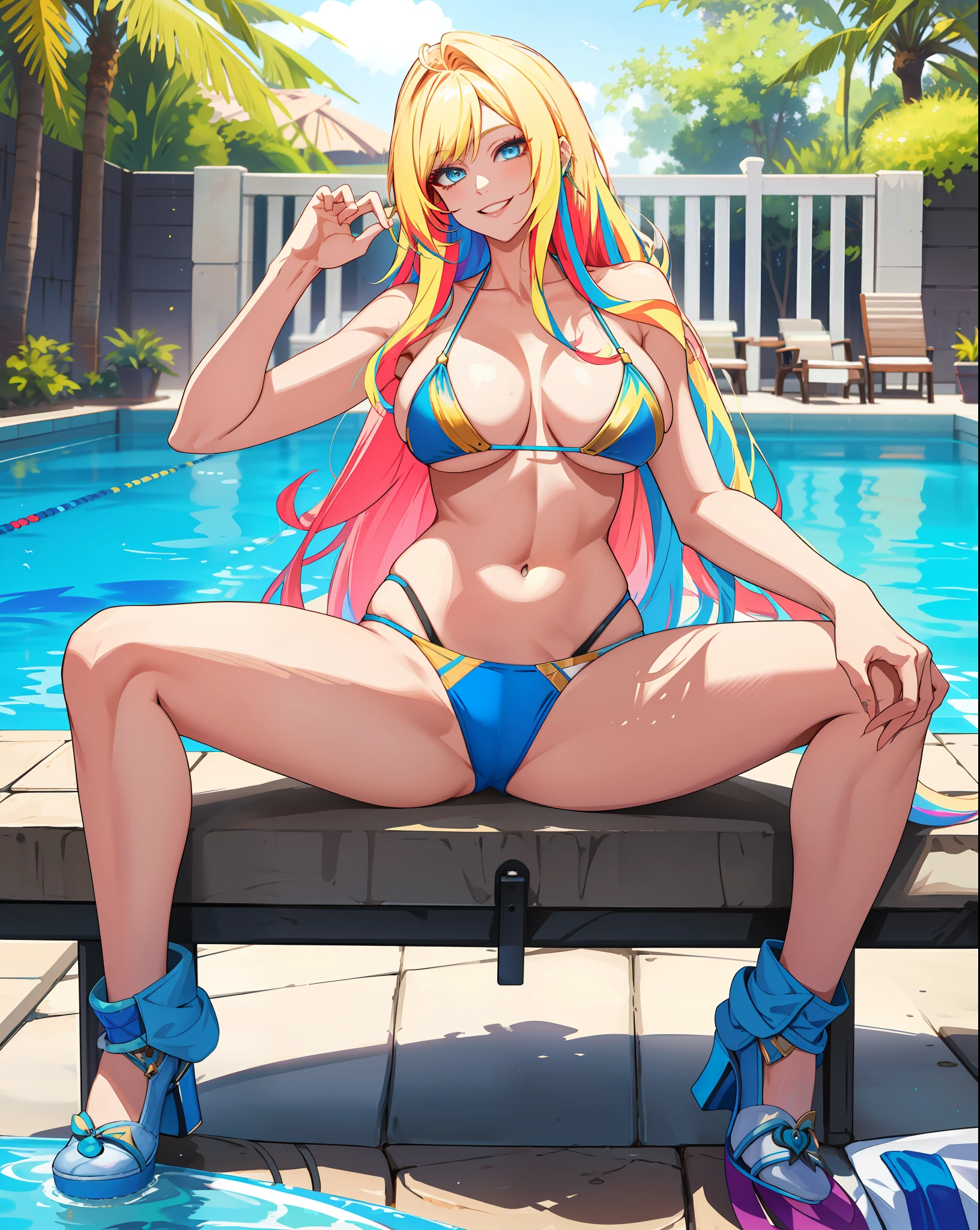 masterpiece, best quality, highres, ahri1, 1girl, solo, Blonde hair, k/da \(league of legends\), long hair, multicolored hair, open hair, blue eyes, two-tone hair, large breasts, poolside, micro bikini, smile, sitting, spreading legs wide