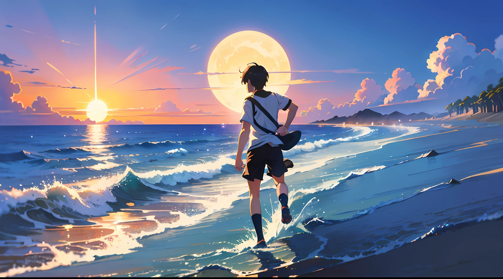 Sunshine, silver sand, blue waves, boy running to the rising sun, Makoto Shinkai style, illustration, romanticism, Ghibli-like colors, anime style --auto --s2