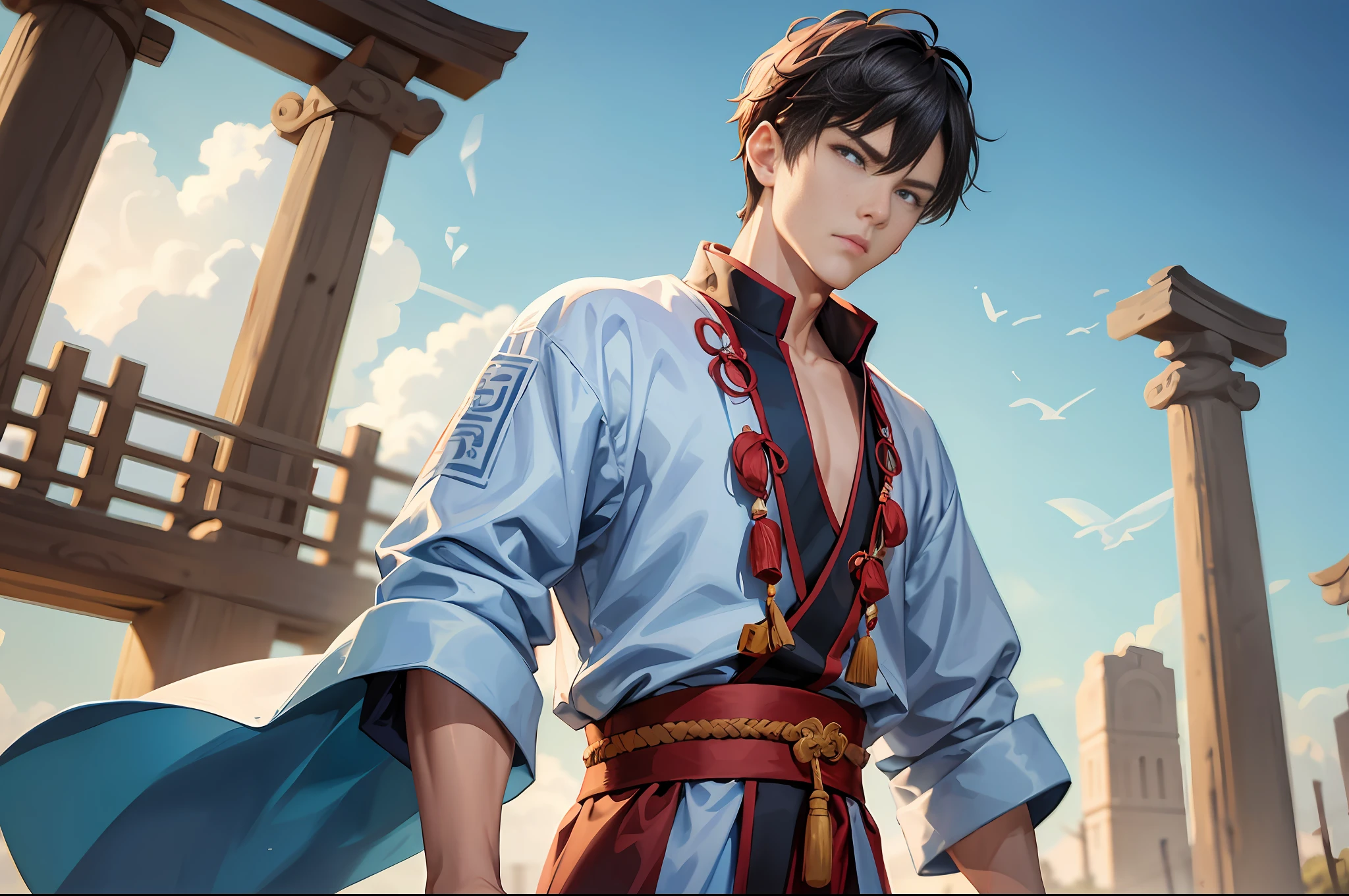 Masterpiece, superlative, 16-year-old boy, cyan martial arts robe, mouth closed, expression focused, natural standing, eyes looking ahead. Chinese style, ancient China, standing outdoors, martial arts arena, many people watching cyan clothes, black hair, ultra-short hair, blue eyes, tall, straight, standing naturally, looking into the distance, handsome, angry, Chinese, ancient style competition field, outdoor.