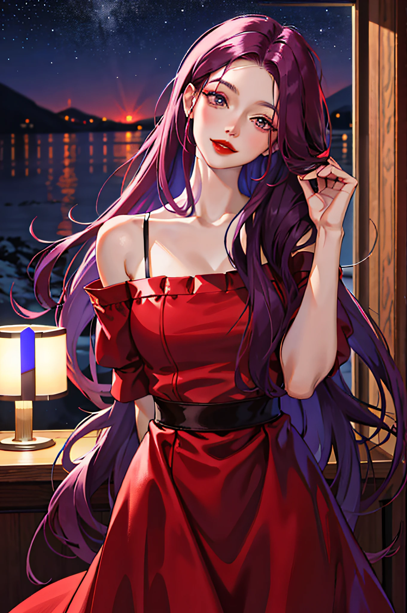 The gaze is full of warmth, full of seduction, red lips slightly raised, long purple hair, night view at night, indoor cabin, ((woman slightly tilts her head, combing her hair hanging down with her hands)), smile, camera in front of people, beautiful face, excellent quality, blurred background