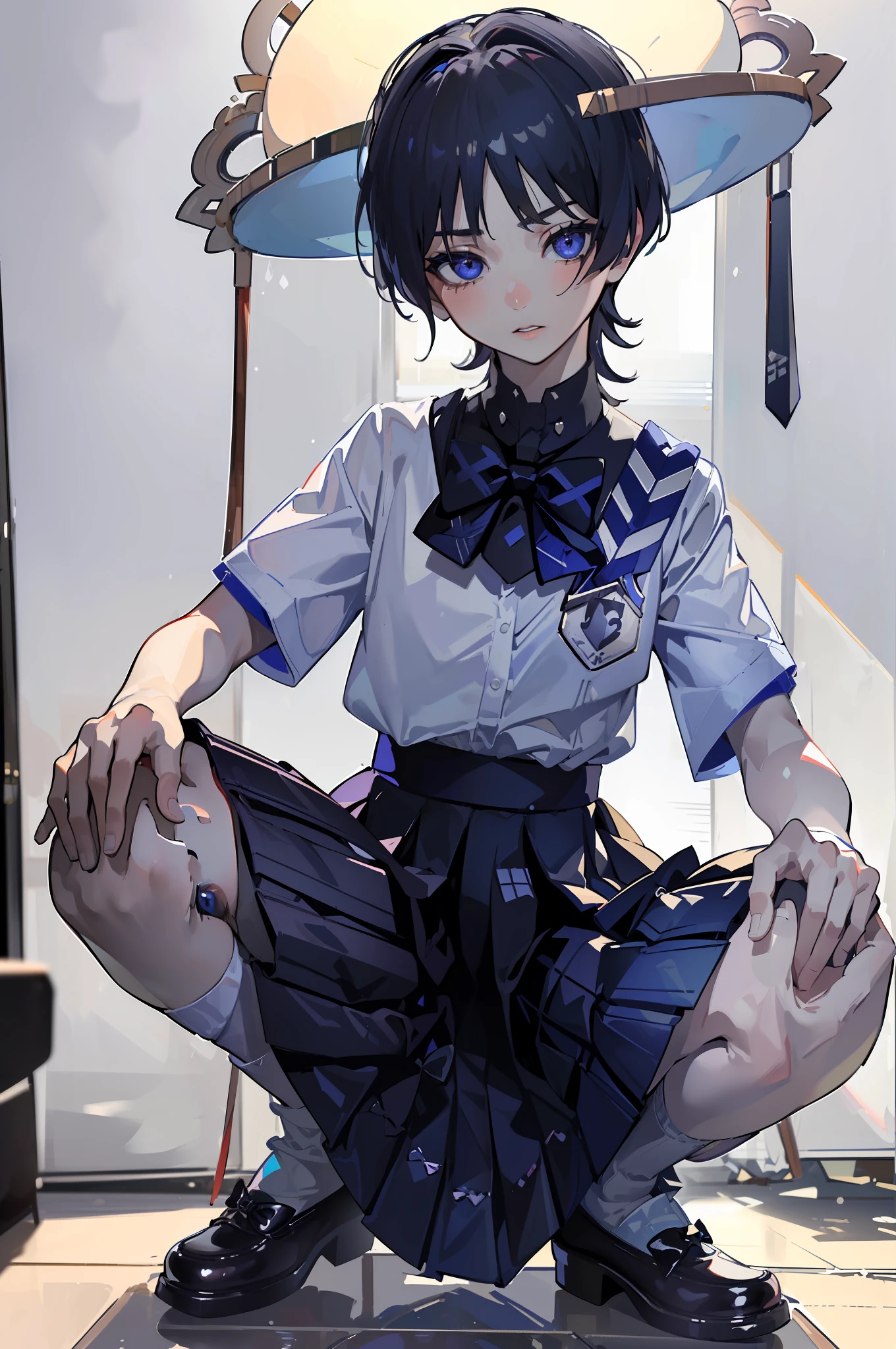 ((Masterpiece)), ((Best Quality)), Absurdres, 1boy, Squat Cowboy Pose, POV, School Uniform, (Classroom:1.1)(8k, RAW photo, best quality, masterpiece:1.3),(realistic,photo-realistic:1.37),(night),(looking at viewer:1.331),(white hair),posing, soft light,1boy, extremely beautiful face,bust,Random expression,big eyes, ,lower abdomen,(short-sleeved JK_shirt:1.5),JK_style,(JK_skirt:1.5) ,(bow JK_tie:1.5),mix4, School Uniform: 1.5), (scaramouch:1.2), dark blue hair, male focous, puffed socks