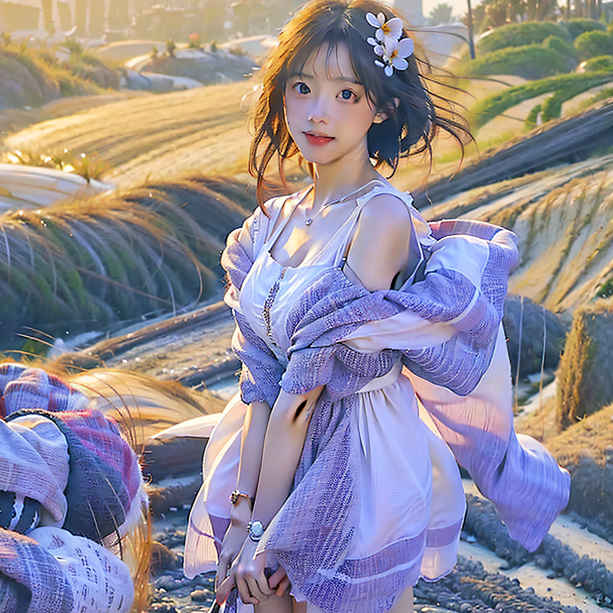 (Girl in white dress), (dawn + beach): 1.2, delicate rendering, fine tracing, sea breeze caressing, (fine details + exquisite details), (dynamic lens + dynamic posture), (Cg rendering + brilliant light and shadow), high definition, super high image quality, the work is a must.