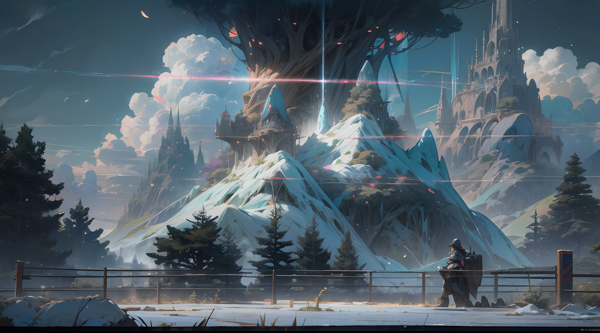 Sky, Clouds, holding_weapon, no_humans, Glow, giant_ trees , cyberpunk_Architecture, "sky, cloud, glowing, big trees , building, cybernetic _trees, tree_mech, sci-fi, cityscape, realistic, mechanical" Science Fiction, Cities, Rendered in Octane, hyper realistic, 8k, epic composition, cinematic, octane render, artstation landscape vista photography by Carr Clifton & Galen Rowell, 16K resolution, Landscape veduta photo by Dustin Lefevre & tdraw, 8k resolution, detailed landscape painting by Ivan Shishkin, DeviantArt, Flickr, rendered in Enscape, Miyazaki, Nausicaa Ghibli, Breath of The Wild,,trending in artstation, cgsociety, 8k post-processing highly detailed,Junji Murakami, Mucha Klimt, Sharandula, Hiroshi Yoshida, Tom Bagshaw, Ross Tran, Artgerm,Craig Mullins,dramatic,Junji Murakami, moody lighting rendered by octane engine,characters 8K symmetrical arstation, cape,cinematic lighting, intricate details, 8k detail post processing, hyperealistic, octane rend, Zdzisław Beksiński style, ar 2:3 Reality Reality --auto --s2