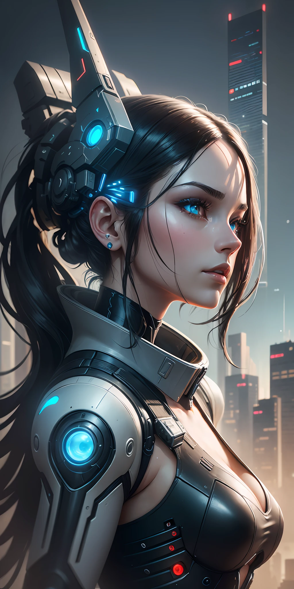 Complex 3d rendering very detailed beautiful ceramic silhouette female robot face, robot, robot parts, highlighting cyborg world, wide angle lens, cyberpunk art style, wide angle doom, royal sister, dynamic eyes, sad eyes, mechanical beast, plane far, battleship far, sci-fi, sky lightning and thunder, mechanical warframe detailed portrayal, cyberpunk style city, exquisite girl face meticulously portrayed face, flowing long black hair fluttering in the air, dark blue, futuristic city, sci-fi sense --auto --s2