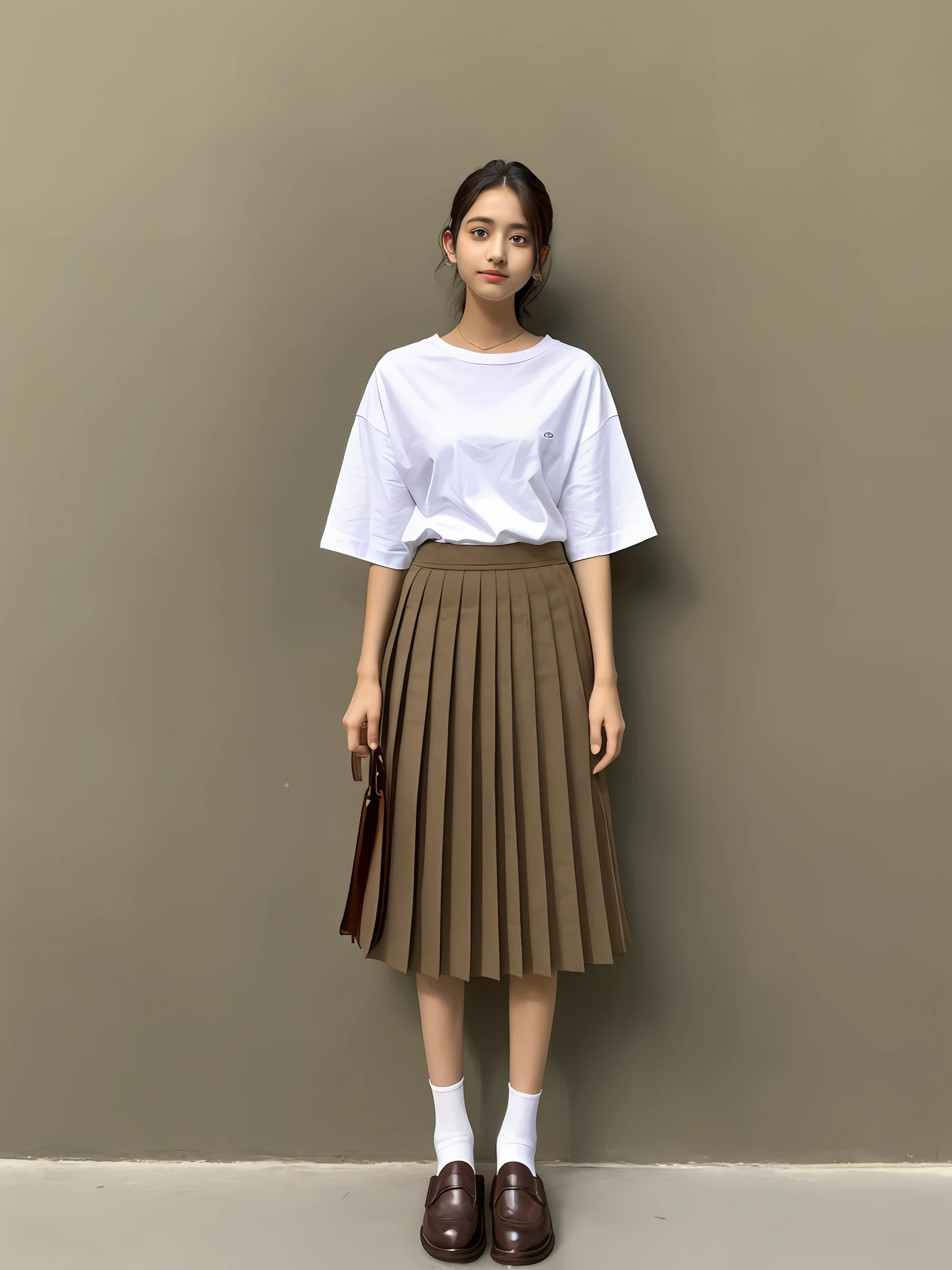 Loose T-shirt, pleated skirt, brown loafers