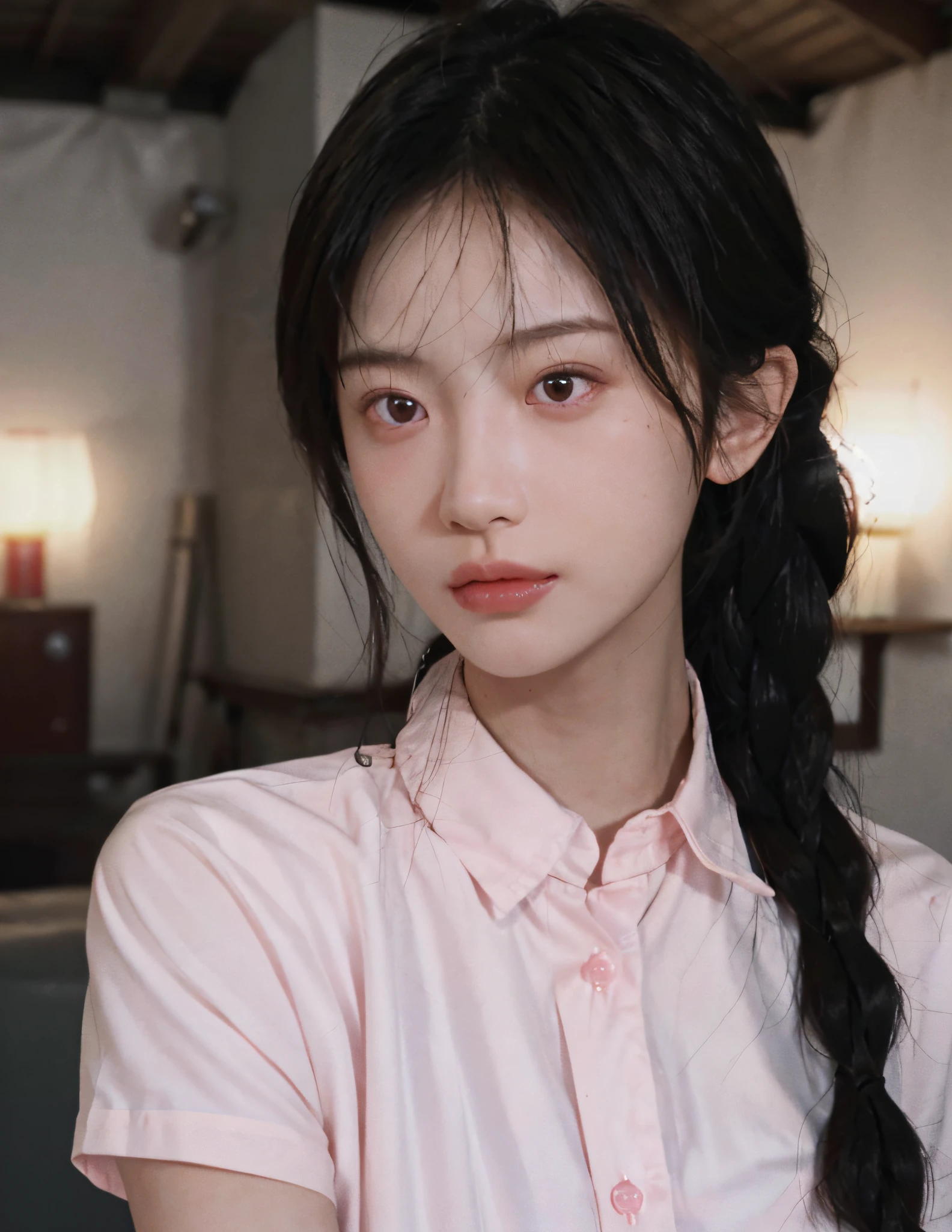 8k, RAW Photo, Best Quality, Masterpiece, High Detail RAW Color Photo, Professional Photo, (Realistic, Photorealistic Photorealism: 1.37), (High Detail Skin: 1.2), High Resolution, Beautiful Detailed Eyes, (Hard Focus: 1.4), (Clear Focus: 1.4), Realistic, (8K UHD:1.2), realistic high-quality shadows, split lips, slender face, (wavy hair), half top knot, a loose braid, pink eye color, suggestive appearance, (extreme face close-up), pov, (((depth of field)), pale and shiny skin, nine-split shirt, 30 years old, buruma, roof, bokeh, lens flare, (vignetting:0.8), dramatic lighting, cinematic lighting, backlighting, professional lighting, physically based rendering, ulzzang-6500-v1.1,pureerosface_v1。