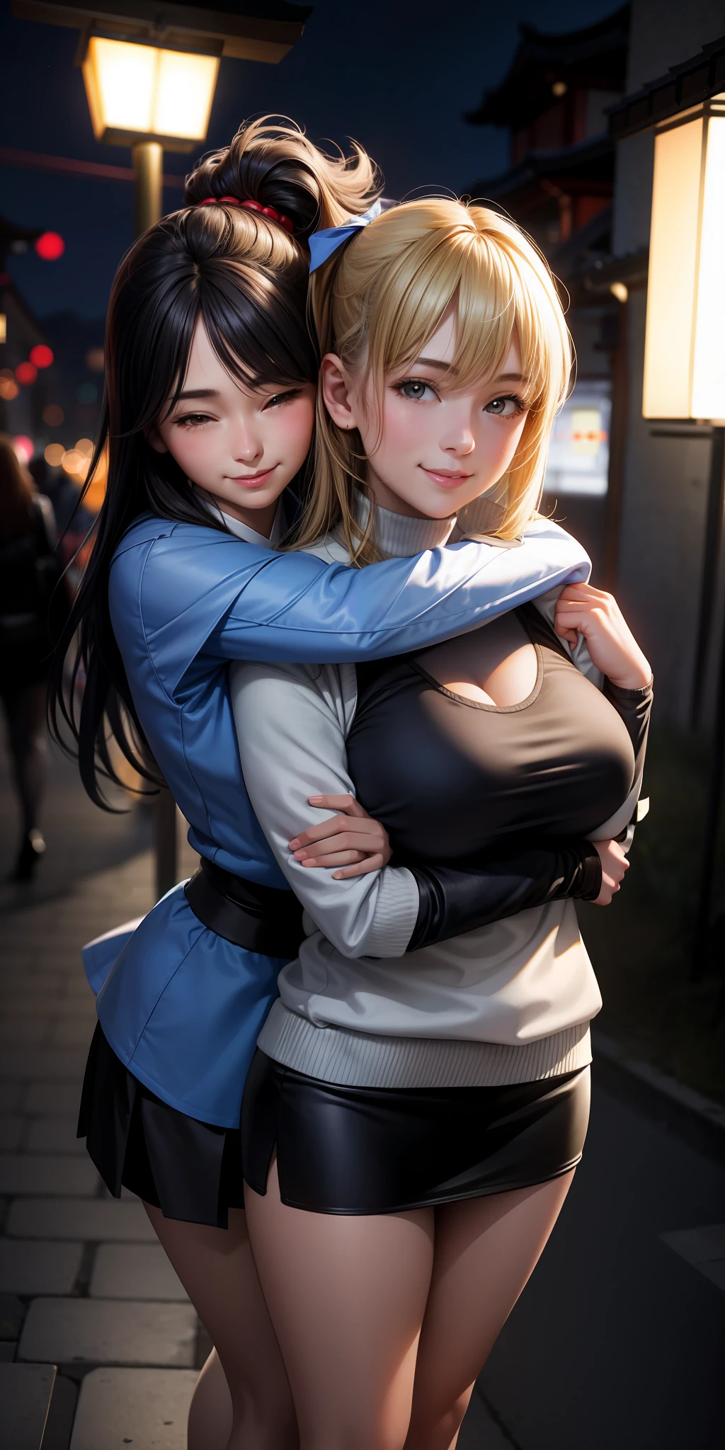 Realistic, 2 girls, hugging from behind, breasts a little big, wearing a miniskirt, smiling, Japan person