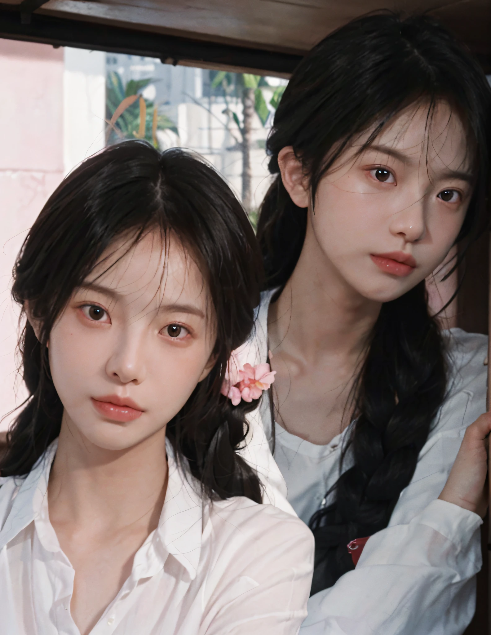 8k, RAW Photo, Best Quality, Masterpiece, High Detail RAW Color Photo, Professional Photo, (Realistic, Photorealistic Photorealism: 1.37), (High Detail Skin: 1.2), High Resolution, Beautiful Detailed Eyes, (Hard Focus: 1.4), (Clear Focus: 1.4), Realistic, (8K UHD:1.2), realistic high-quality shadows, split lips, slender face, (wavy hair), half top knot, a loose braid, pink eye color, suggestive appearance, (extreme face close-up), pov, (((depth of field)), pale and shiny skin, nine-split shirt, 30 years old, buruma, roof, bokeh, lens flare, (vignetting:0.8), dramatic lighting, cinematic lighting, backlighting, professional lighting, physically based rendering, ulzzang-6500-v1.1,pureerosface_v1。
