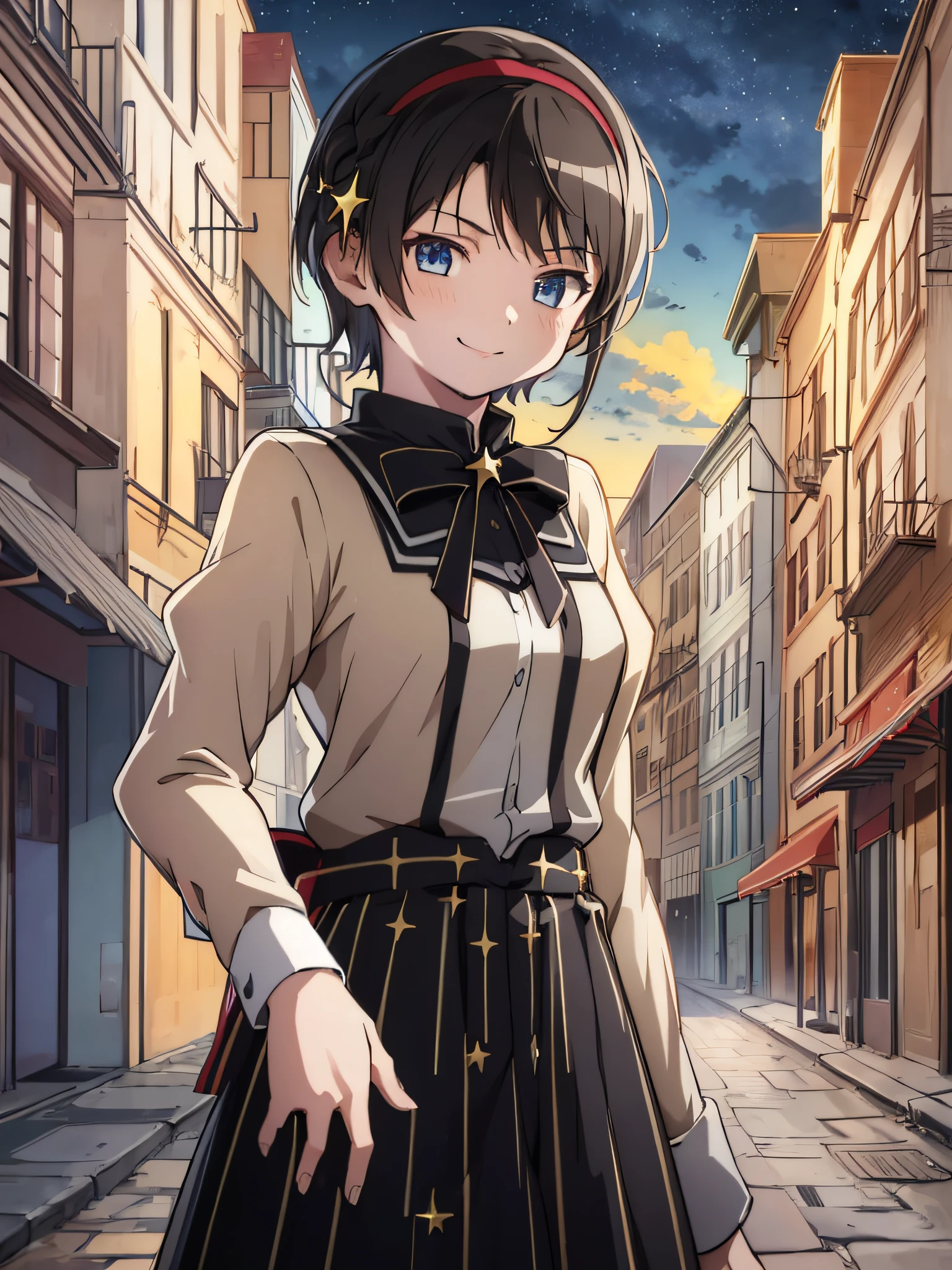 2d, masterpiece, best quality, anime, highly detailed, cowboy shot, 1girl, solo, french braid, black bowtie, star \(symbol\), standing, outdoors, night, smile, short hair,