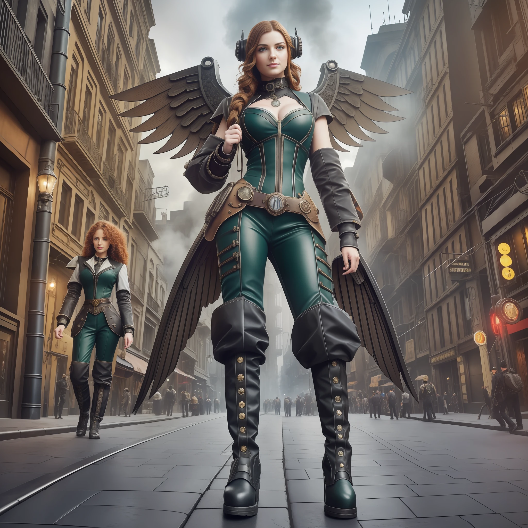 High contrast Street photography style image. A snapshot of a steampunk cityscape. Epic automobiles with steam engines on the street. Steam engine powered flying vehicles in the sky. A smiley beautiful 19-years-old Norse Goddess steampunk angel girl in light gray steampunk jumpsuit walking down the street. long boots in red color, intercom headset. steampunk choker, perfect detailed face, detailed symmetric green eyes with circular iris, wavy ginger hair, wearing enormous mechanical wings in her back, overall theme is street photography in Industrial Steampunk City, cogs and gears, steamy background with lots of steam pipes and steam valves and pressure gauges and gears, realistic, stunning realistic photograph, 3d render, octane render, cinematic, Isometric, Centered, hyperealistic cover photo, awesome full color, 12k, high definition, portrait featured on unsplash, smooth, ultra high definition, 8k, ultra sharp focus, intricate artwork, masterpiece, ominous, epic, highly detailed, warm cinematic