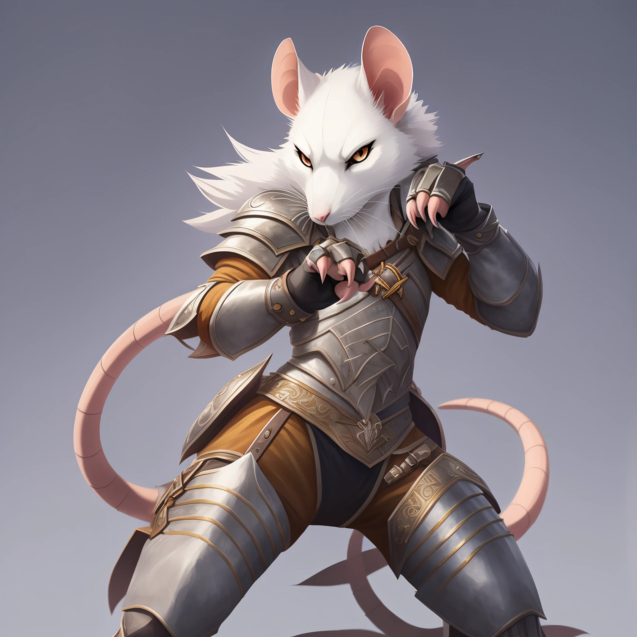 (Rat), (White fur), antro, (wearing Leather armor full cover assasin clothes with little golden details), white fur, high detail, high resolution, raw photo, gray background, 1girl, solo, Small breasts, high quality, hi res, sharp, detailed body, detailed, cartoony, ((claws out)), ((looking at viewer)), (angry), mad, t full body, whole body, ((full body portrait)), far away, (((full body concept))), weapon pose, claw pose, attack pose, battle pose, average body, slim, weak, thin, skinny, Replace the Background for a pirate ship