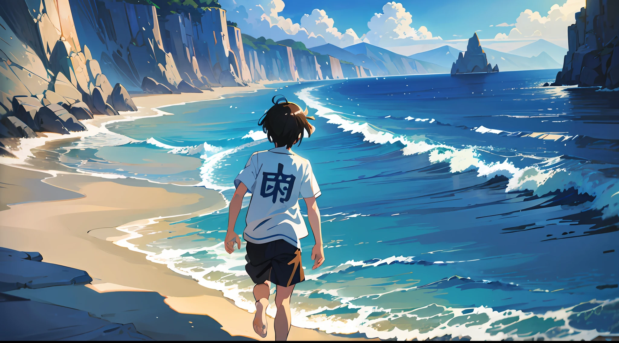Sunshine, silver sand, blue waves, boy running to the rising sun, Makoto Shinkai style, illustration, romanticism, Ghibli-like colors, anime style --auto --s2