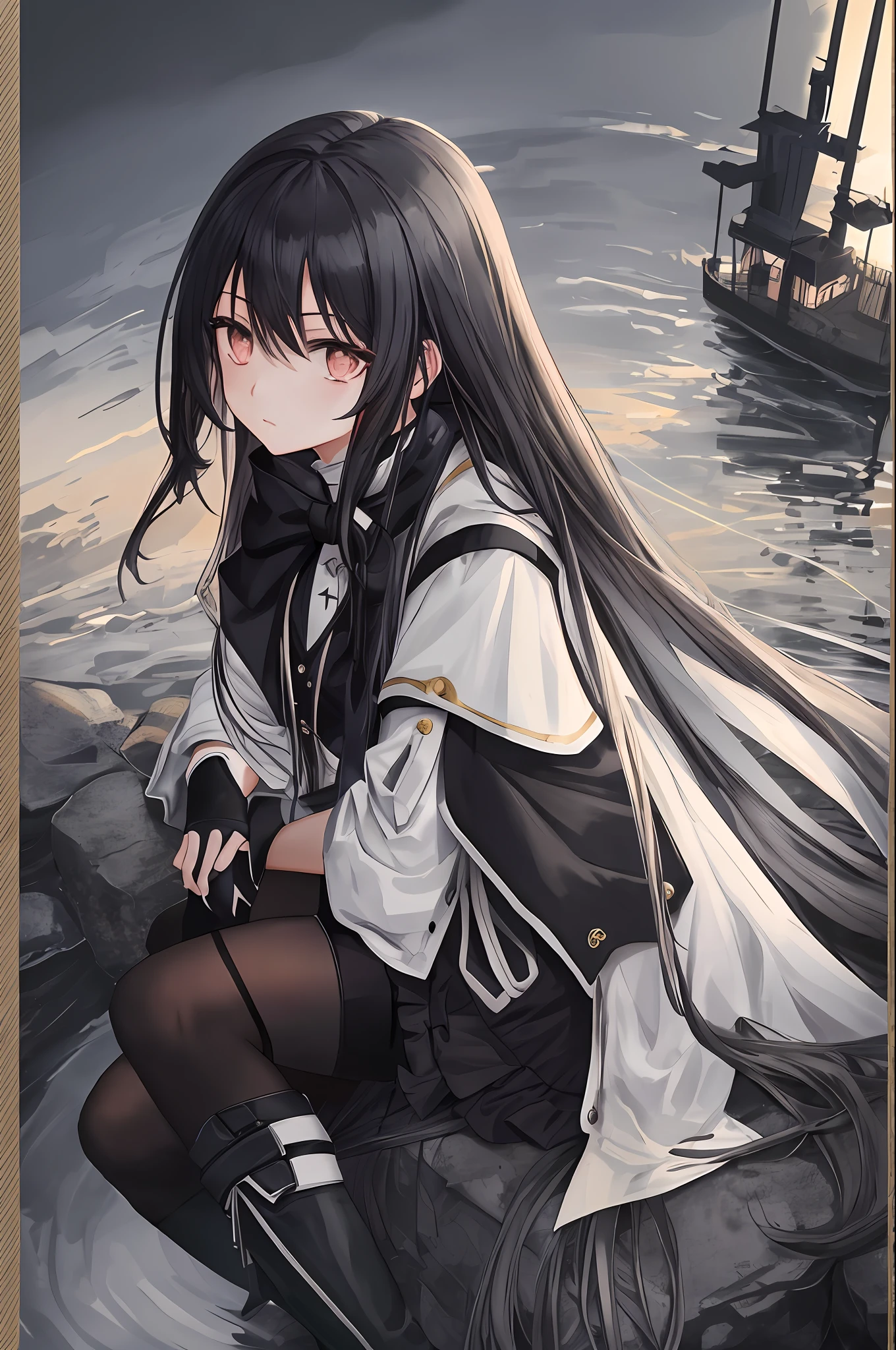 Masterpiece, best quality, fine detail, beautiful detail sky, under sunset reflection, dark shadow, dim light, girl, anime, long hair, black and white hair, crescent hair card, gaze, gray eyes, unilateral stockings, bandage on leg, black leg loop, boots, fingerless gloves