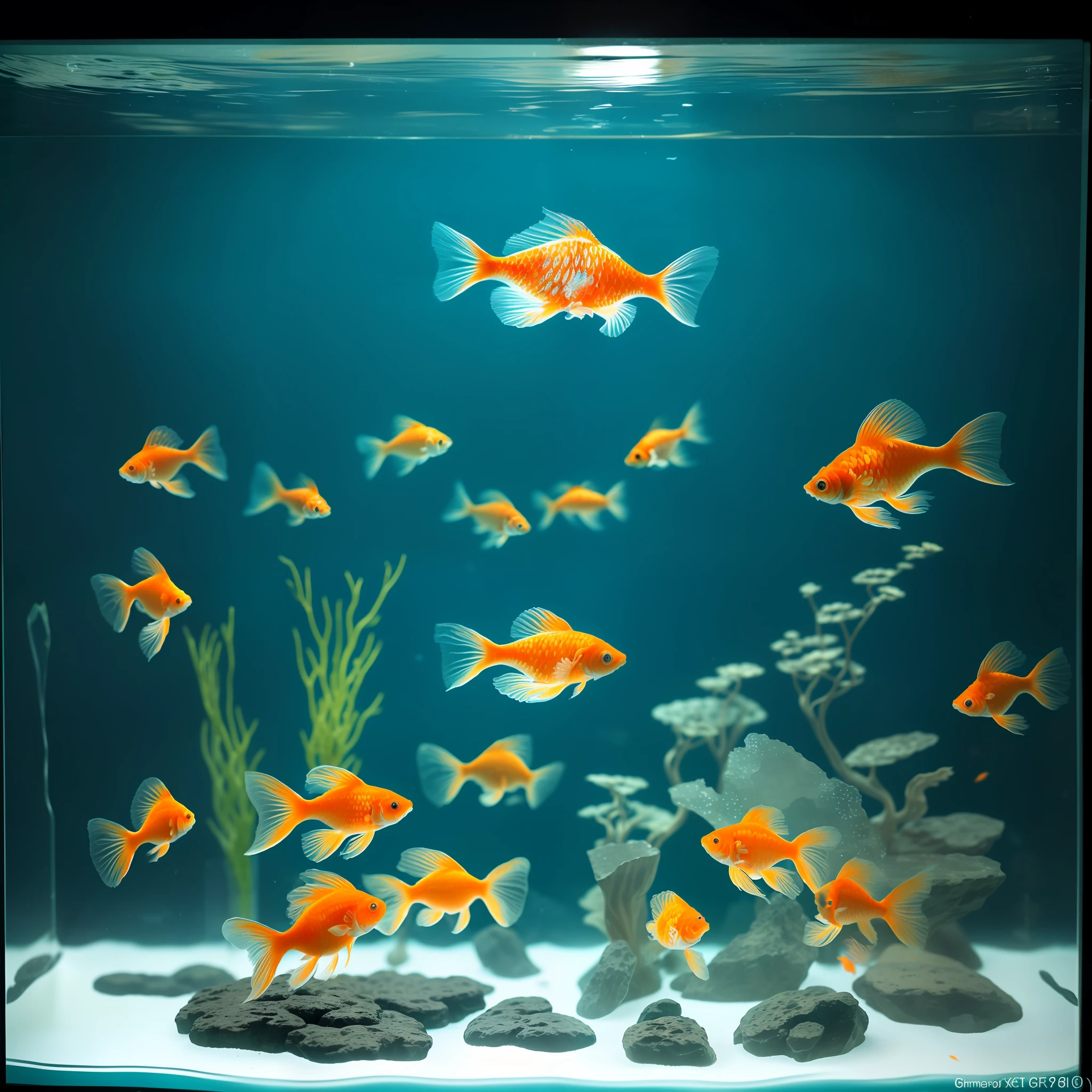 Inside the crystal glass fish tank there is an underwater world, minimalism, art deco, contrast between warm and cold, small goldfish, depth of field, f/1.8, Sony FE GM, high quality, high detail, 8k