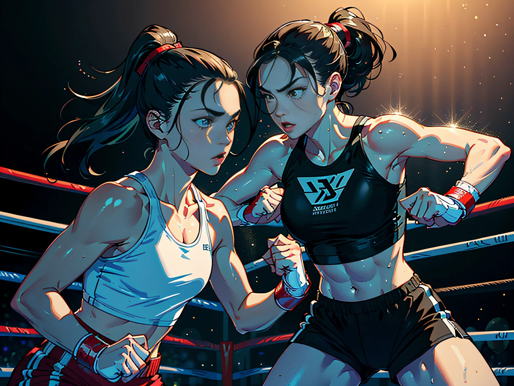 (Original), (Boxing Match), (Best Quality), (Masterpiece), Photographic Reality, Realistic, Very Detailed Illustrations, (1 Girl), Beautiful Eyes, (Delicate Face), Perfect Details, (Best Lighting), (Super Intricate Details), (Boxing Girl), (Aggressive Punching), Sweat, Heavy Breathing, (Crushing Attack), (Boxing Ring), Sports Shorts, Perfect Details, Perfect Fingers, Perfect Limbs, Impact, (Shiny Skin), Abs, Muscles, Waist Line, Boxing Shorts , boxing, black hair, high ponytail, super long hair, 4K unity, (super fine CG: 1.2), (8K: 1.2), realistic, octane rendering
