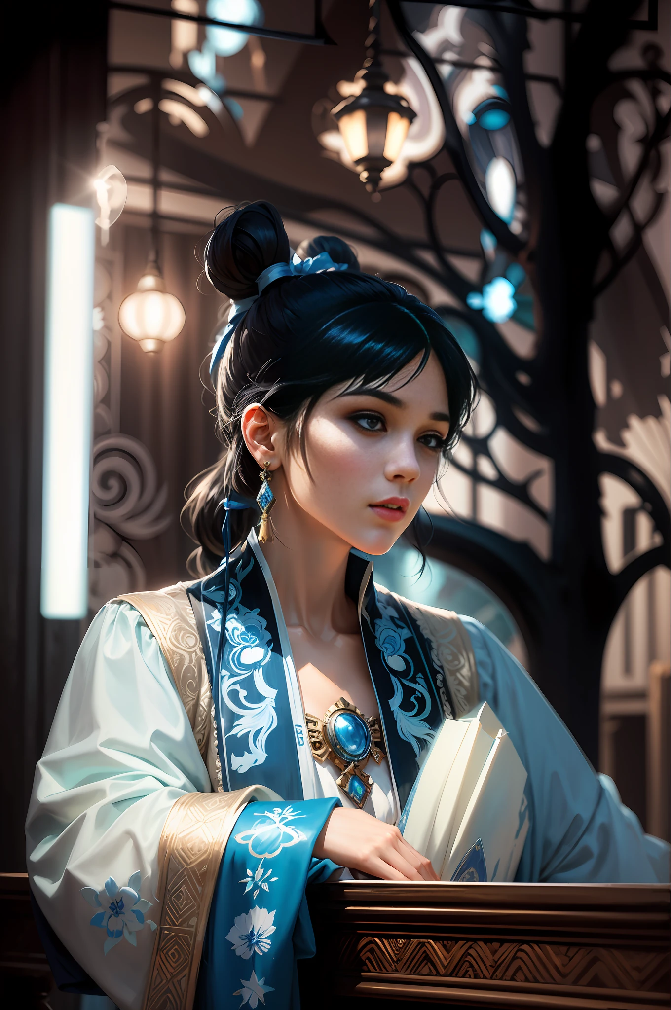 Two-dimensional painting style, two-dimensional girl, Mucha, blue and white porcelain color matching clothing, earrings, double ponytail, black hair, theatrical lights, light and shadow art, light and shadow details, straight chest, correct human anatomy, official art, avoid realism, avoid realism, avoid pointed chin, low saturated colors