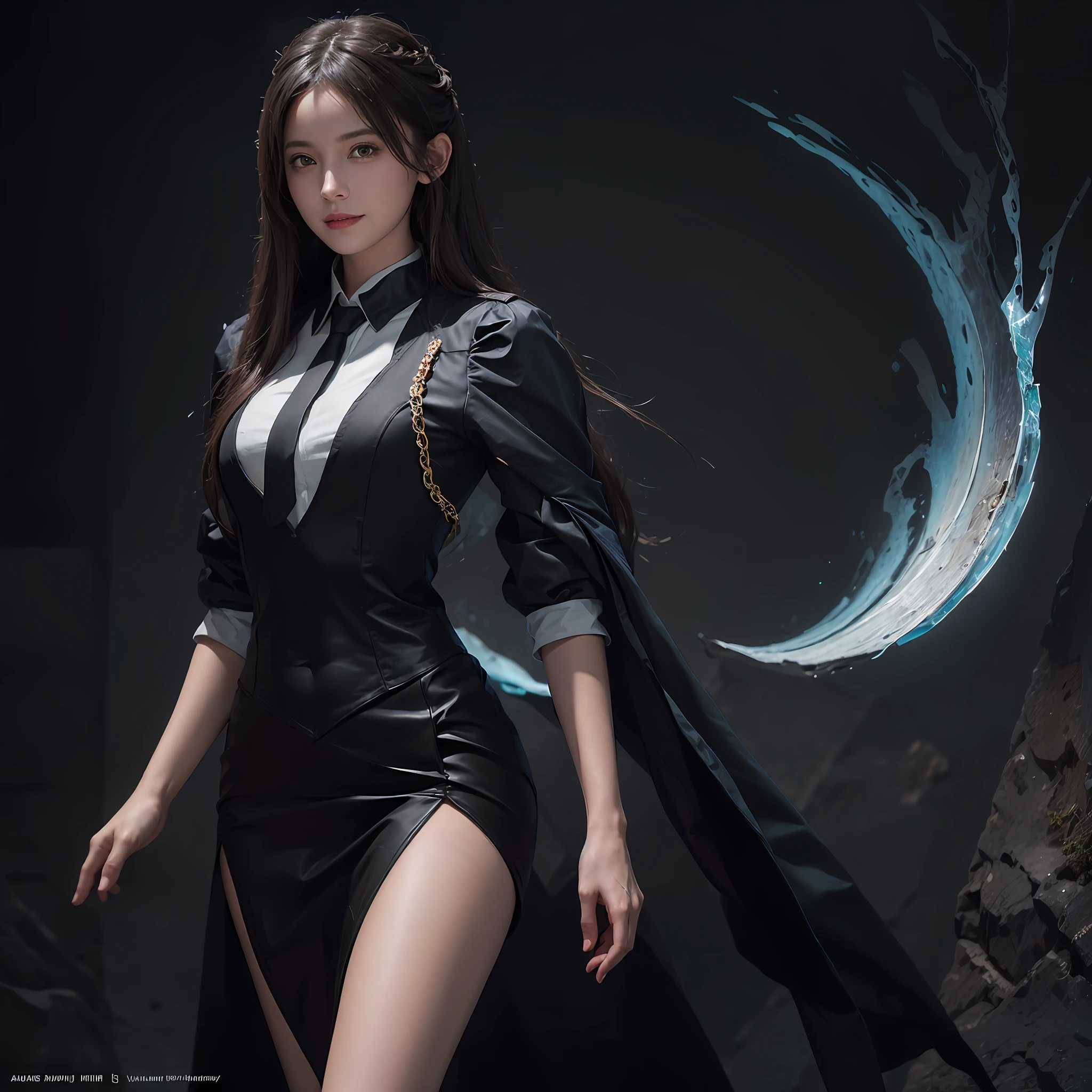 (Front Focus), (In the Dark: 1.6), Surrealistic Female Portraits by David Hockney and Alphonse Mucha, Fantasy Art, Photo Realism, Dynamic Lighting, ArtStation, Poster, Volumetric Lighting, Very Detailed Faces, 4 K, Award-Won, 1girl, Dark, Deep Shadow, Understated, Full Body Shot, (Official Uniform: 1.4), Long Hair, Gray Hair, Smile, Ultra-fine skin, White pantyhose, silky texture,