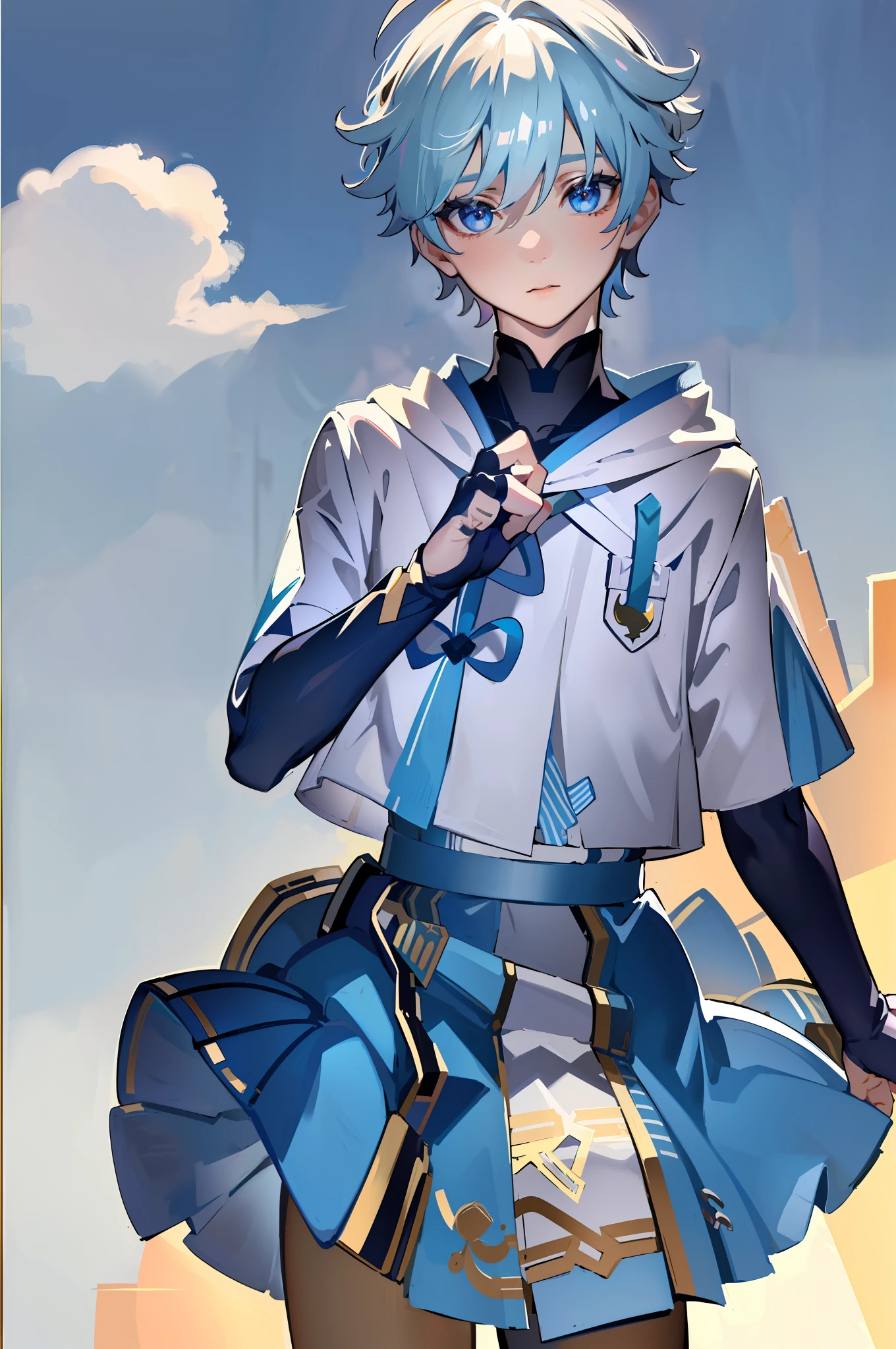 ((Masterpiece)), ((Best Quality)), Absurdres, 1boy, Squat Cowboy Pose, POV, School Uniform, (Classroom:1.1)(8k, RAW photo, best quality, masterpiece:1.3),(realistic,photo-realistic:1.37),(night),(looking at viewer:1.331),(white hair),posing, soft light,1boy, extremely beautiful face,bust,Random expression,big eyes, ,lower abdomen,(short-sleeved JK_shirt:1.3),JK_style,(JK_skirt:1.3) ,(bow JK_tie),mix4, School Uniform: 1.5), chongyun_(genshin impact),light blue hair,cute face,upper body,chongyun (genshin impact), 1boy, mature male, solo, blue eyes, blue hair, gloves, ahoge, close up, skirt, knelling