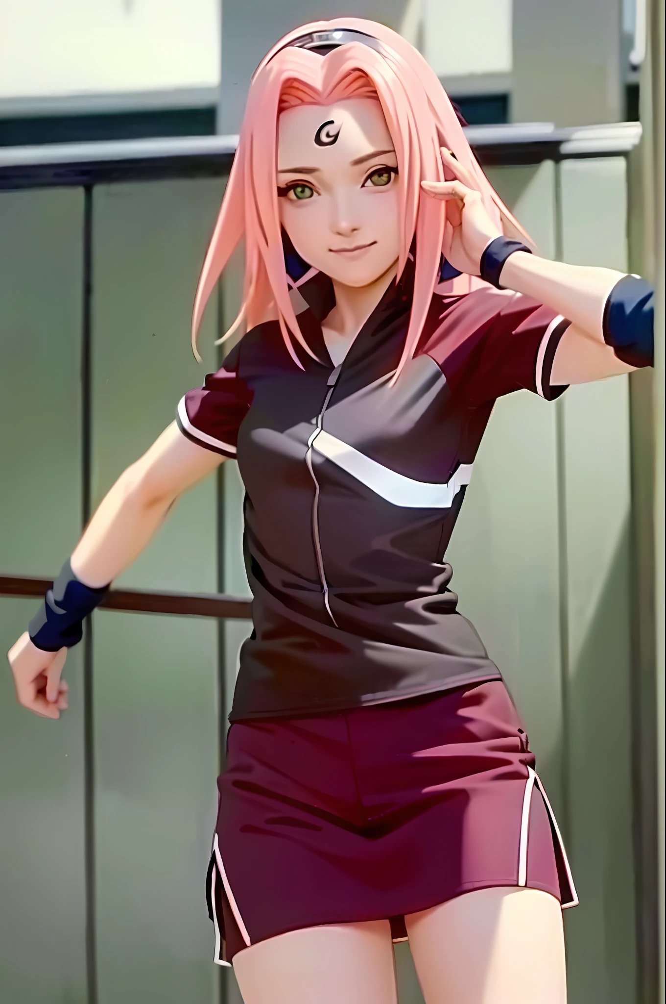 1girl, dynamic pose, smile haruno sakura
pink hair, green eyes, short hair, long hair, forehead protector, short sleeves, bike shorts,, masterpiece, high quality, best quality, beautiful, hd, perfect lighting, detailed face, detailed body, (((anime))),masterpiece, best quality, intricate details, 8k uhd, perfect face, perfect eyes