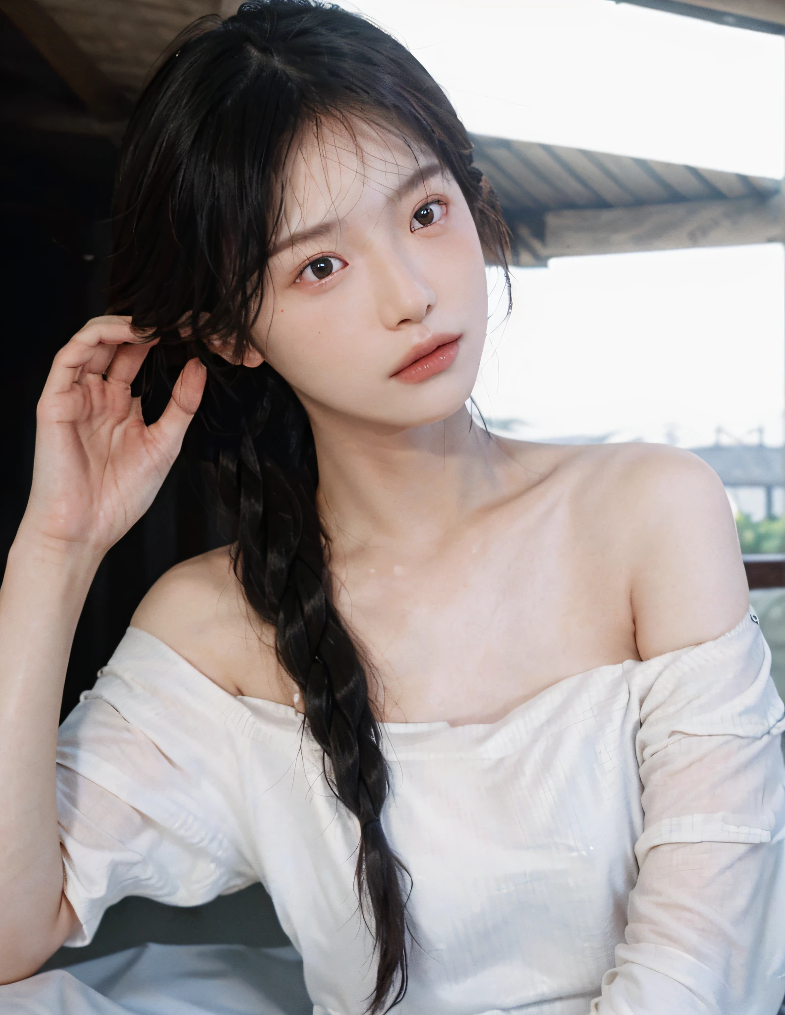 8k, RAW Photo, Best Quality, Masterpiece, High Detail RAW Color Photo, Professional Photo, (Realistic, Photorealistic Photorealism: 1.37), (High Detail Skin: 1.2), High Resolution, Beautiful Detailed Eyes, (Hard Focus: 1.4), (Clear Focus: 1.4), Realistic, (8K UHD:1.2), realistic high-quality shadows, split lips, slender face, (wavy hair), half top knot, a loose braid, pink eye color, suggestive appearance, (extreme face close-up) , pov, ((((depth of field)), pale and shiny skin, off-the-shoulder shirt, 30 years old, buruma, roof, background blur, lens flare, (vignetting:0.8), dramatic lighting, cinematic lighting, backlighting, professional lighting, physically based rendering, ulzzang-6500-v1.1,pureerosface_v1。