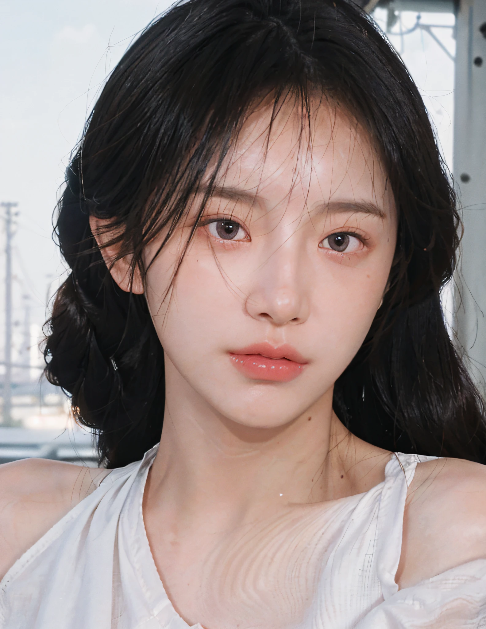 8k, RAW Photo, Best Quality, Masterpiece, High Detail RAW Color Photo, Professional Photo, (Realistic, Photorealistic Photorealism: 1.37), (High Detail Skin: 1.2), High Resolution, Beautiful Detailed Eyes, (Hard Focus: 1.4), (Clear Focus: 1.4), Realistic, (8K UHD:1.2), realistic high-quality shadows, split lips, slender face, (wavy hair), half top knot, a loose braid, pink eye color, suggestive appearance, (extreme face close-up) , pov, ((((depth of field)), pale and shiny skin, off-the-shoulder shirt, 30 years old, buruma, roof, background blur, lens flare, (vignetting:0.8), dramatic lighting, cinematic lighting, backlighting, professional lighting, physically based rendering, ulzzang-6500-v1.1，pureerosface_v1。