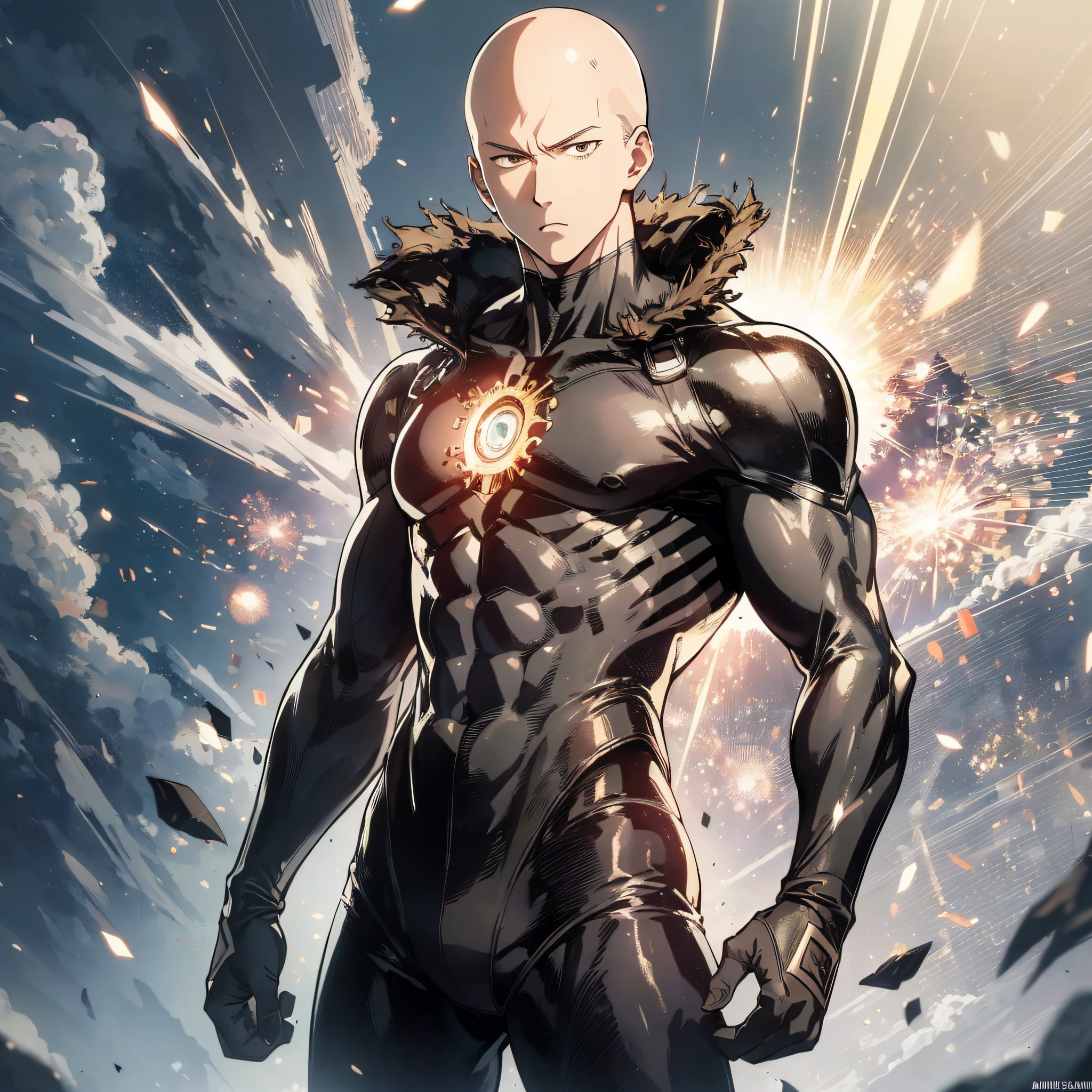 Absurd resolution, high resolution, (masterpiece: 1.4), hyperdetail, 1boy, mature man, one-punch man, Saitama, fight